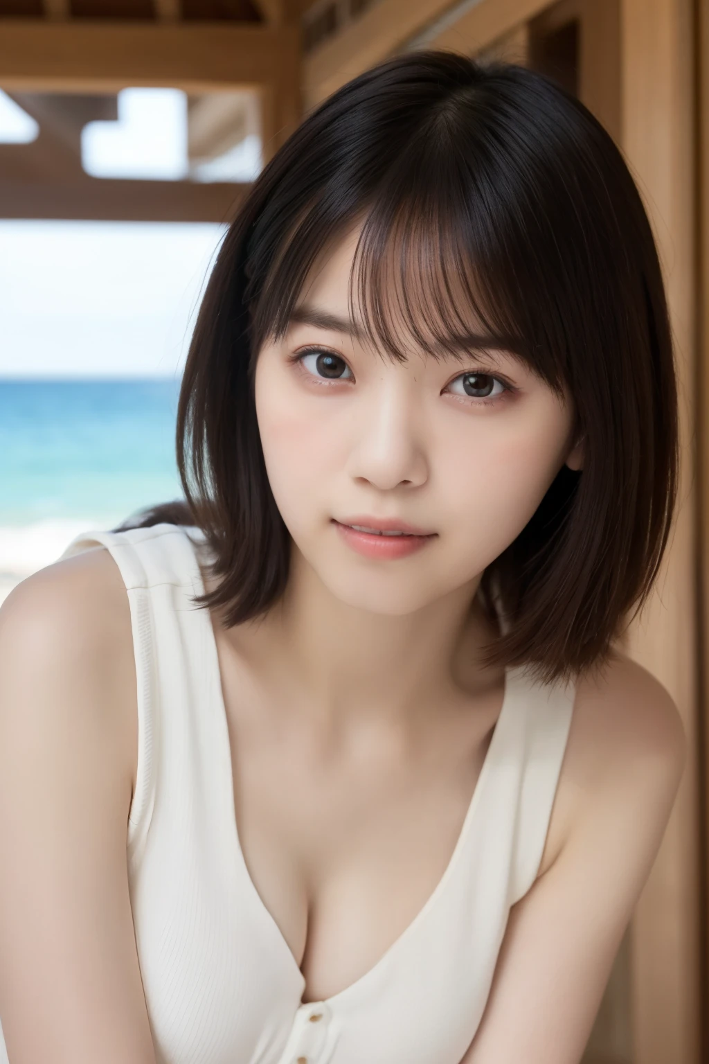 RAW, Highest quality, Ultra high resolution, Masterpiece: 1.0), Beautiful image of Zaid G, 1 girl, Fine skin, Looking directly at the viewer, Brown eyes, Short hair with bangs (1.2), Medium breasts (1.0), Medium areola (0.8), Realistic (1.4), This stunning image captures the essence of Zaid G, a young woman with impeccably fine skin and captivating brown eyes. The soft fringe of her short hair with bangs frames her face, adding a playful and youthful touch. Her medium-sized breasts are proportionally balanced and accompanied by a medium-sized are