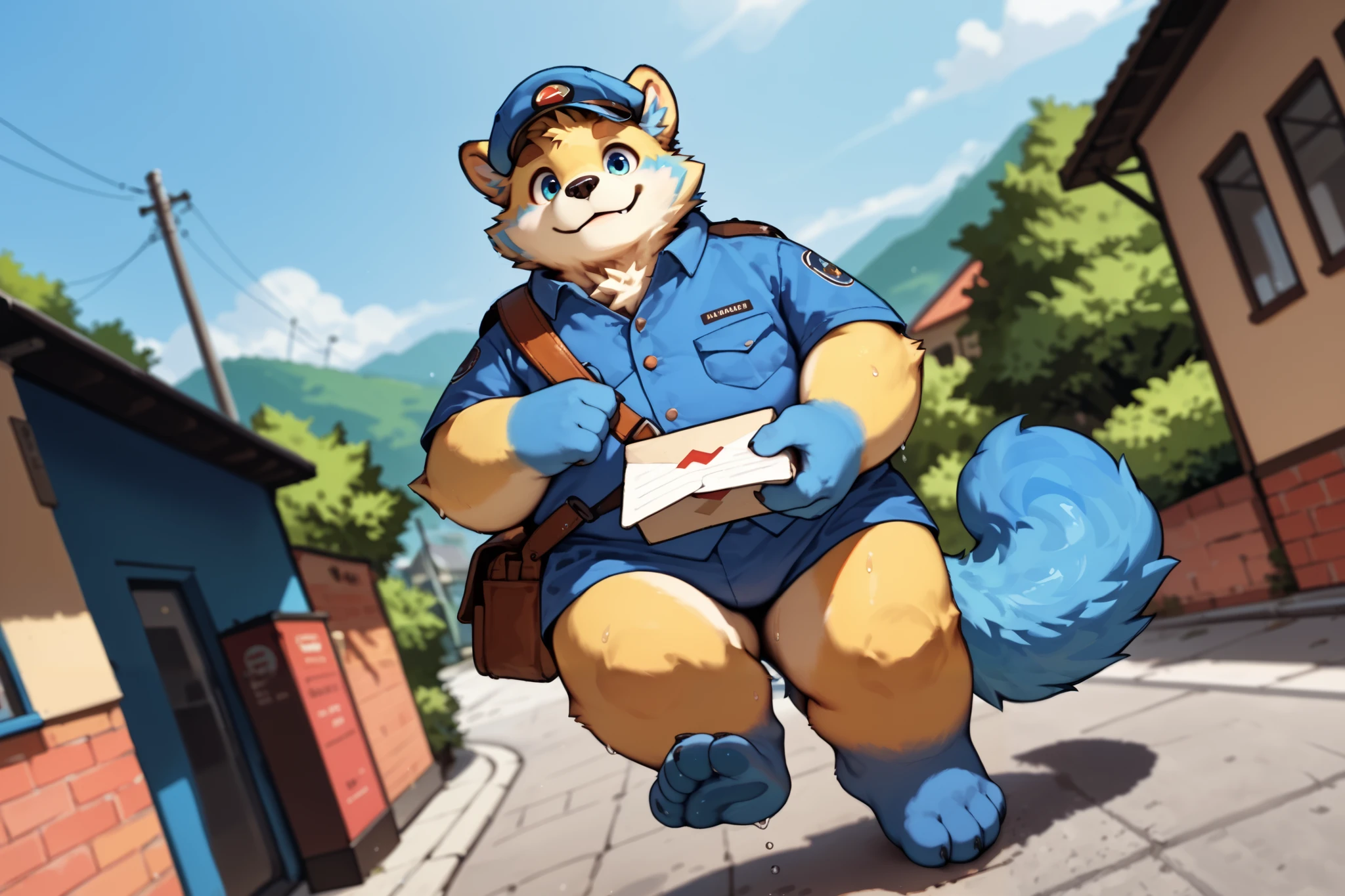 ((man)), botailang, anthro, male, solo, outdoor, cute, smile, ((detailed background)), masterpiece, best quality,amazing quality,very aesthetic,high resolution,ultra-detailed,botailang,newest,scenery,depth of field,scenery,volumetric lighting,score_9,score_8_up,score_7_up,score_6_up,score_5_up,score_4_up, male, overweight, nice angle, satchel, sweaty, (mailman uniform, functionally nude), delivering mail, exposed, neighborhood, blue hand,blue foot,yellow fur,blue tail