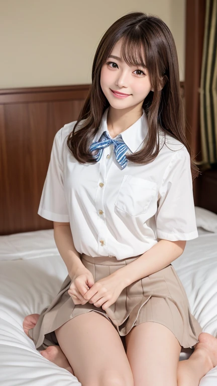 ((school uniform)),ribbon at neck,(school uniform and ((Plaid navy skirt)) and white shirt:1.1), Skin color, big , smile, (8k, RAW Photos, Highest quality, masterpiece:1.2), masterpiece, super detailed, super high quality, (Realistic and Realistic photography:1. 37), High-resolution RAW color photos, Very delicate and beautiful, highly detailed, 8k壁紙, wonderful, detailed, Very eye, very detailed, very detailed skin, very thin fingers, very detailed nose, very detailed mouth, Perfect Anatomy, Upper Body, studio, Soft lighting, A full-body shot of a cute idol wearing a one-piece swimsuit, Playful pose, Hands on hips, smile, Pastel Background, Realistic, Attention to detail, studio photography