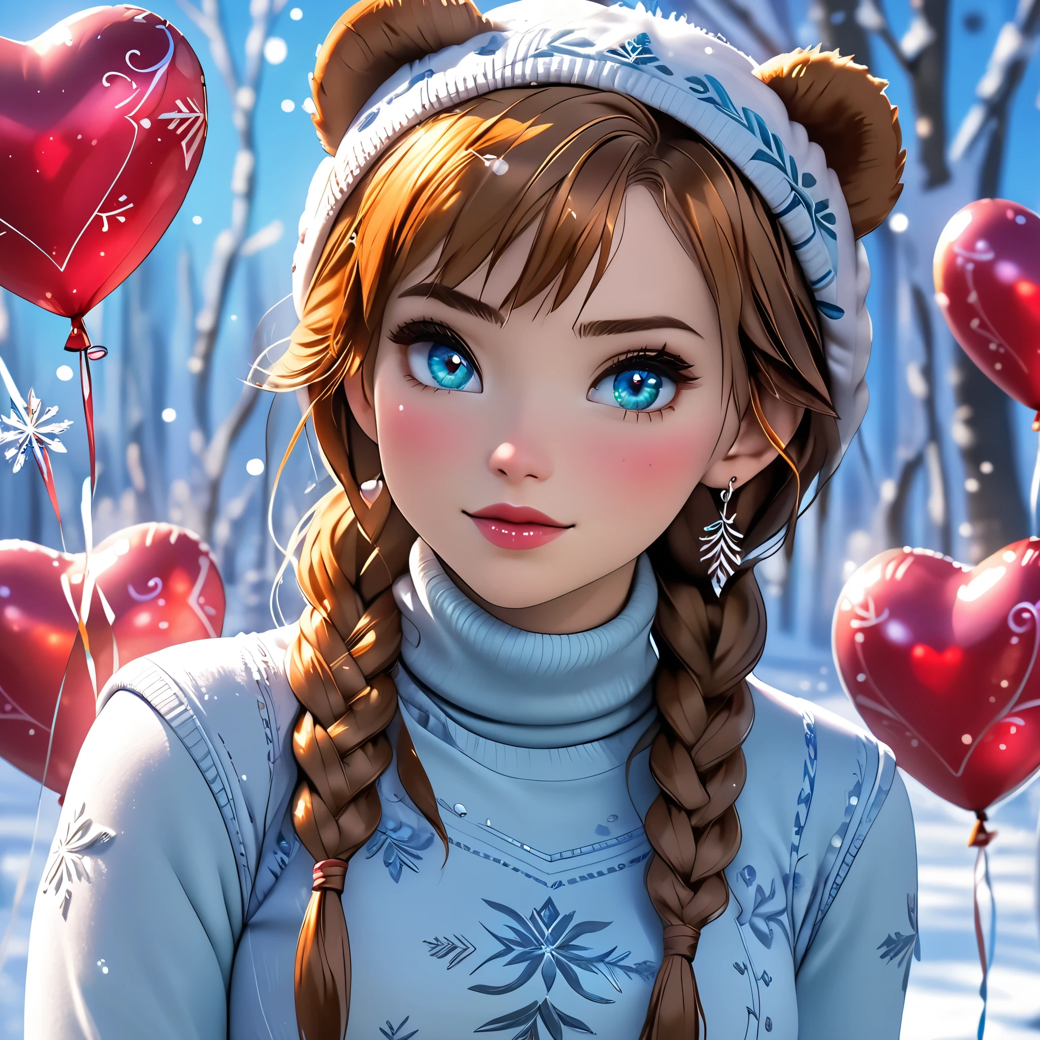 (beautiful girl:1.3),1girl,masterpiece,Highest quality,Ultra-high resolution,rich contrast,super high quality,8k,Highly detailed CG unit wallpaper,texture,Incredibly absurd,Ultra-high resolution,Highest quality anime,professional photograph,an extremely delicate and beautiful,RAW Photos,Depth of Field 1.2,ultra-detailed eyes,Glitter Effect,Beautiful glossy lips, 25years old, gorgeous legs, noise perfect, gorgeous ass, 1girl, gorgeous ass, dynamic pose, sensual woman, seductive woman, mature woman, Milf, maternal, shy look, full body, (type of photo: medium shot, portraying the person from head to waist), orange hair, blue eyes, twin braids, Princess Anna from Frozen, DisneyAnna, Setting: A fair with neon lights, She is holding a teddy bear with a red bow and several heart balloons float around her. His eyes reflect love and sweetness, Outfit: An oversized burgundy sweater with a turtleneck, leather leggings and tall black boots. Accessories: Wool gloves, a scarf in pink tones and a knitted hat with a pompom. Hair and makeup: Messy braids, natural makeup with a little highlighter and raspberry lips.