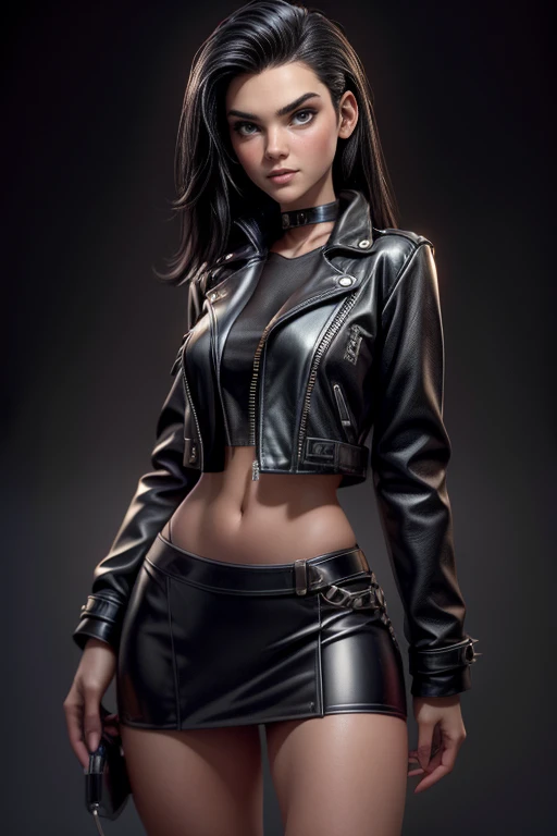(masterpiece, best quality: 1.4), looking at the viewer, black hair, blue eye, leather jacket, tall woman, medium breasts, adult woman