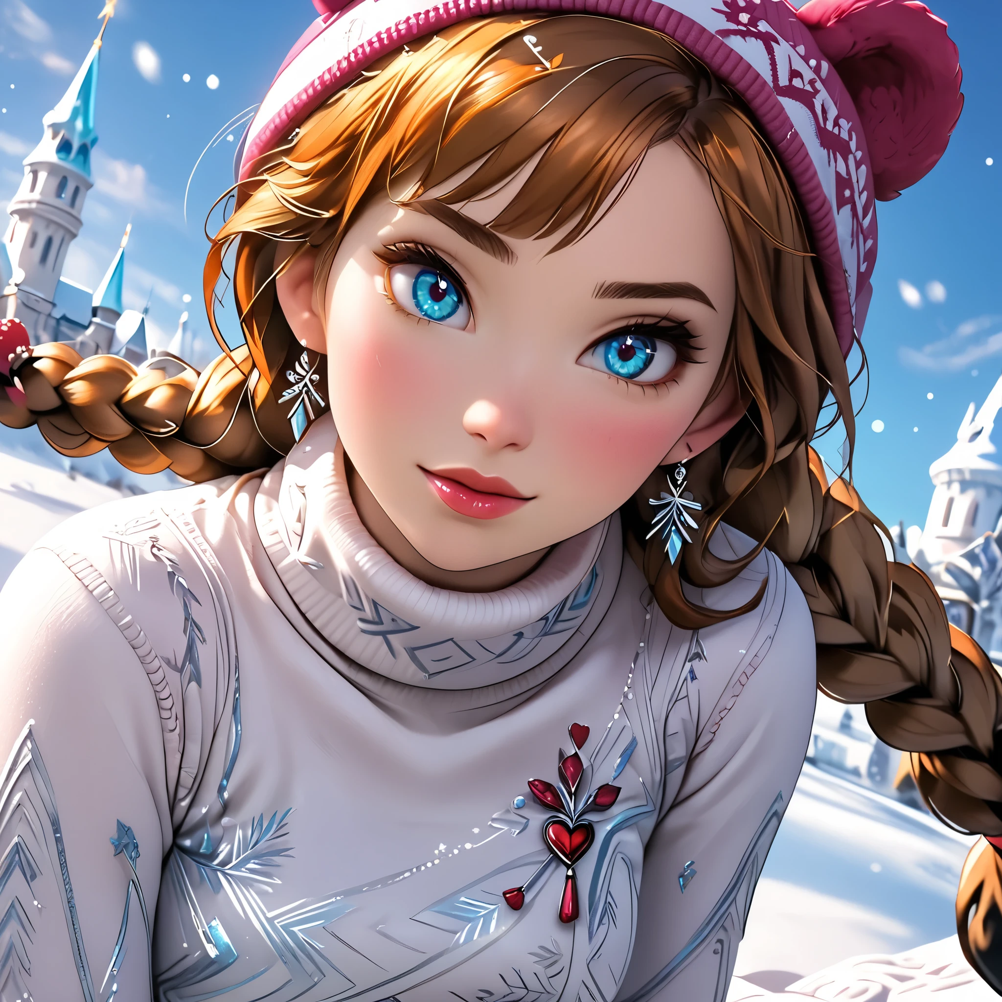 (beautiful girl:1.3),1girl,masterpiece,Highest quality,Ultra-high resolution,rich contrast,super high quality,8k,Highly detailed CG unit wallpaper,texture,Incredibly absurd,Ultra-high resolution,Highest quality anime,professional photograph,an extremely delicate and beautiful,RAW Photos,Depth of Field 1.2,ultra-detailed eyes,Glitter Effect,Beautiful glossy lips, 25years old, gorgeous legs, noise perfect, gorgeous ass, 1girl, gorgeous ass, dynamic pose, sensual woman, seductive woman, mature woman, Milf, maternal, shy look, full body, (type of photo: medium shot, portraying the person from head to waist), orange hair, blue eyes, twin braids, Princess Anna from Frozen, DisneyAnna, Setting: A fair with neon lights, She is holding a teddy bear with a red bow and several heart balloons float around her. His eyes reflect love and sweetness, Outfit: An oversized burgundy sweater with a turtleneck, leather leggings and tall black boots. Accessories: Wool gloves, a scarf in pink tones and a knitted hat with a pompom. Hair and makeup: Messy braids, natural makeup with a little highlighter and raspberry lips.