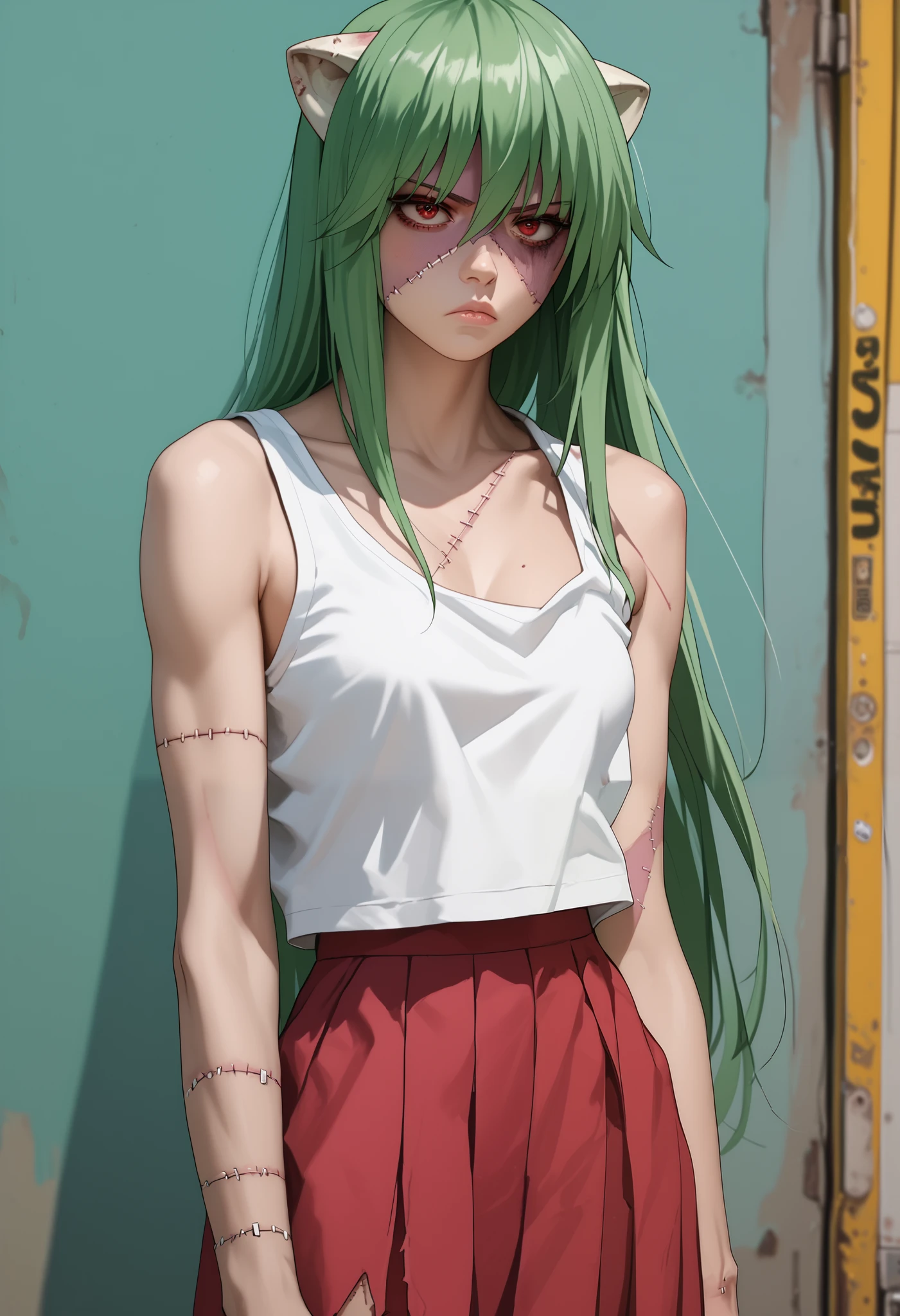 score_9, score_8_up, score_7_up, 1girl, nh, stitches, stitched face, stitched body, dark green hair, Lucy, solo, long hair, horns, red eyes, skirt, white tanktop, serious, cowboy shot