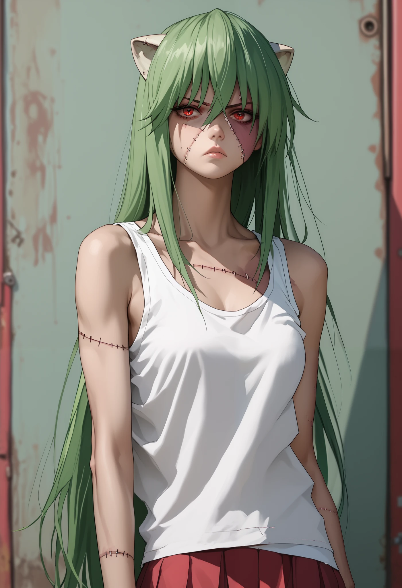 score_9, score_8_up, score_7_up, 1girl, nh, stitches, stitched face, stitched body, dark green hair, Lucy, solo, long hair, horns, red eyes, skirt, white tanktop, serious, cowboy shot