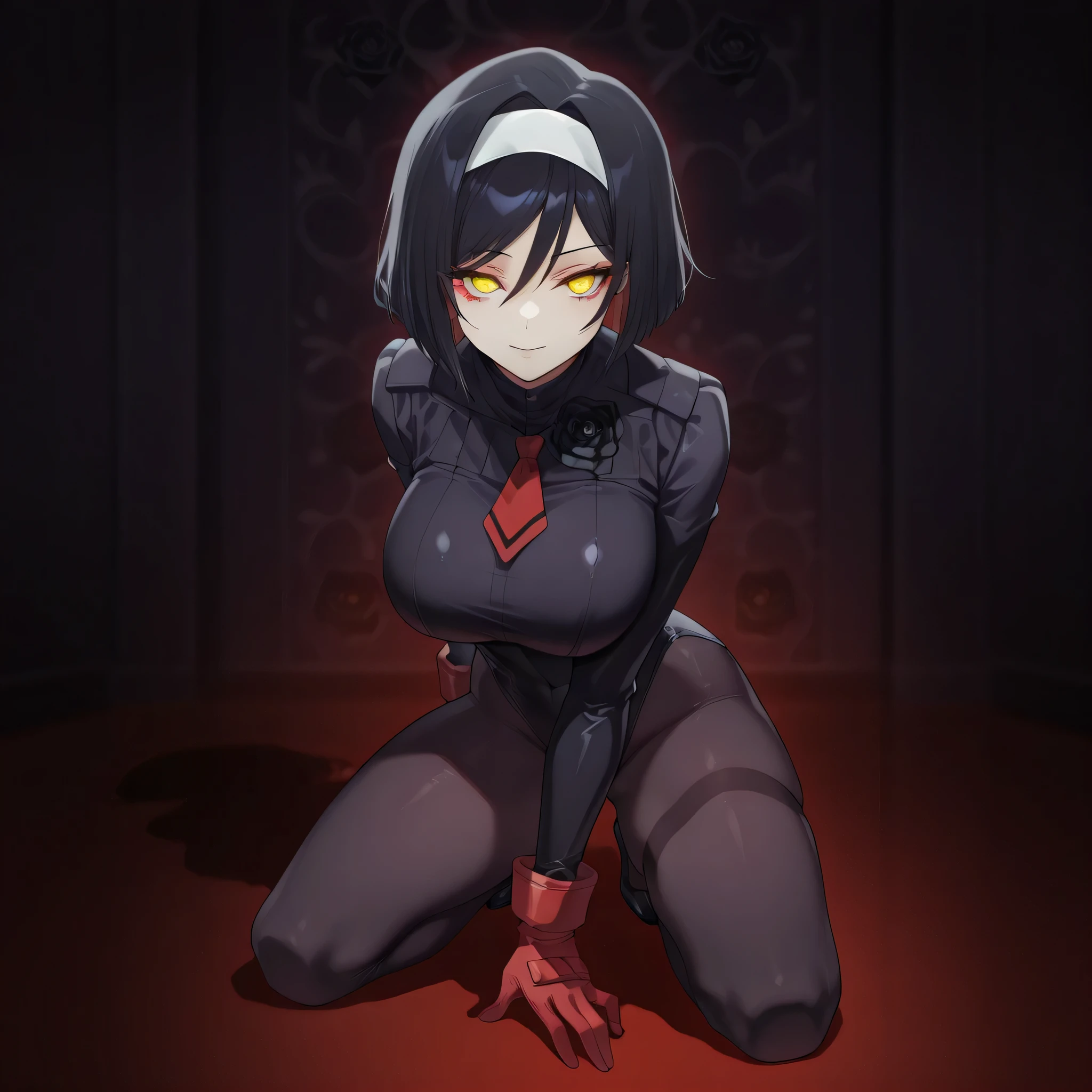 anime, (masterpiece), (best quality), (ultra-detailed), (best illustration), (best shadow), (absurdres), (detailed background), (very aesthetic), shiny, detailed beautiful eyes, outstanding, countershading, detailed soft lighting, an exquisite animation illustration, 1girl, solo, anheang, Dollsuit, thighthigh, dark persona, looking at viewer, red gloves, full body, Fighting Stance, hair ornament, submissive pose, seductive pose, large breast, huge breast, short hair, colored inner hair, yellow eyes, hairband, eyeliner, black rose, black hair, light smile, black rose background, glowing eyes, 