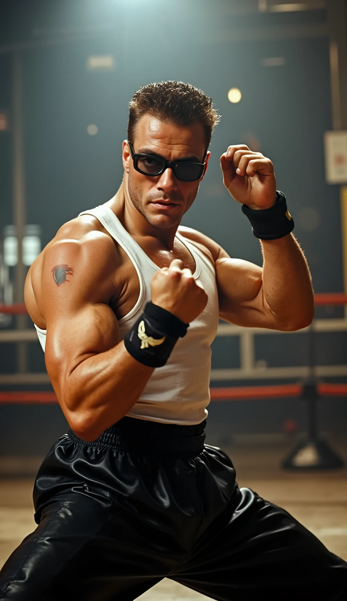 Tom Cruise as MMA fighter, muscular body in a fighting rink, half body, XF IQ4, 150MP, 50mm, ISO 1000, 1/250s, natural light, Adobe Lightroom, photolab, Affinity Photo, PhotoDirector 365
