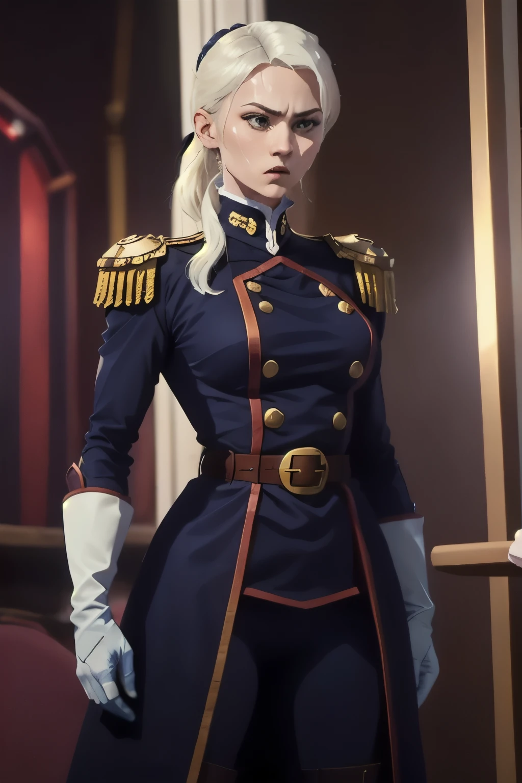  a young woman with pale skin with a serious and determined expression. She has white hair tied in a high ponytail ,  with loose locks framing her face .  Her eyes are of a light shade , Blue or green,  and his skin is pale .  

 He wears armor from modern look with gold details on a tight black uniform. The armor covers his torso and shoulders, leaving her arms relatively free .  She wears fingerless gloves and dark bracelets on one of her wrists .  

on his thigh,  wearing a pair of belts with buckles and a leather bag tactical-looking .  On her back you can see a long sword , , which indicates that she is a skilled fighter .  

 The lighting in the image gives her an elegant and professional look ,  highlighting the details of her clothing and her secure bearing .