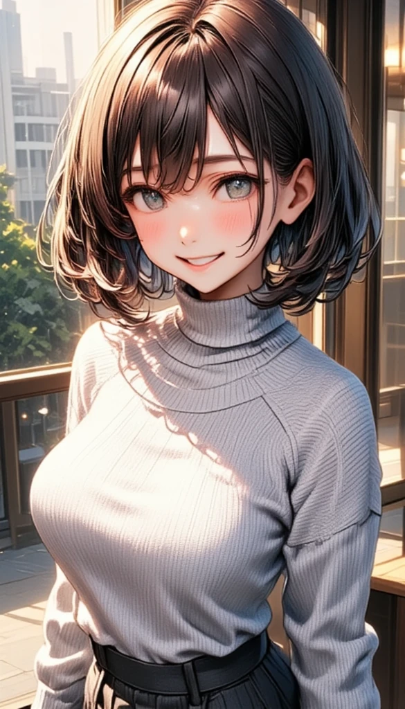 Very detailed, beautiful, Highest quality, detailed beautiful round eyes, beautiful detailed face, Whole Body Ezbian, 1 female, Bob Hair, (Random color hair, Golden mesh), Big eyes, Random color eyes, Long eyelashes, Thick mascara, Dark eyeliner, Large Breasts, Toned thighs, 40 years old, (Turtleneck tight dress), Perfect Face, Perfect body, Sexy pose, (Charming smile), Random Location, nature, (Background Asahi), (alone), ((masterpiece, Highest quality, High resolution, Pixel perfect, 8k,))