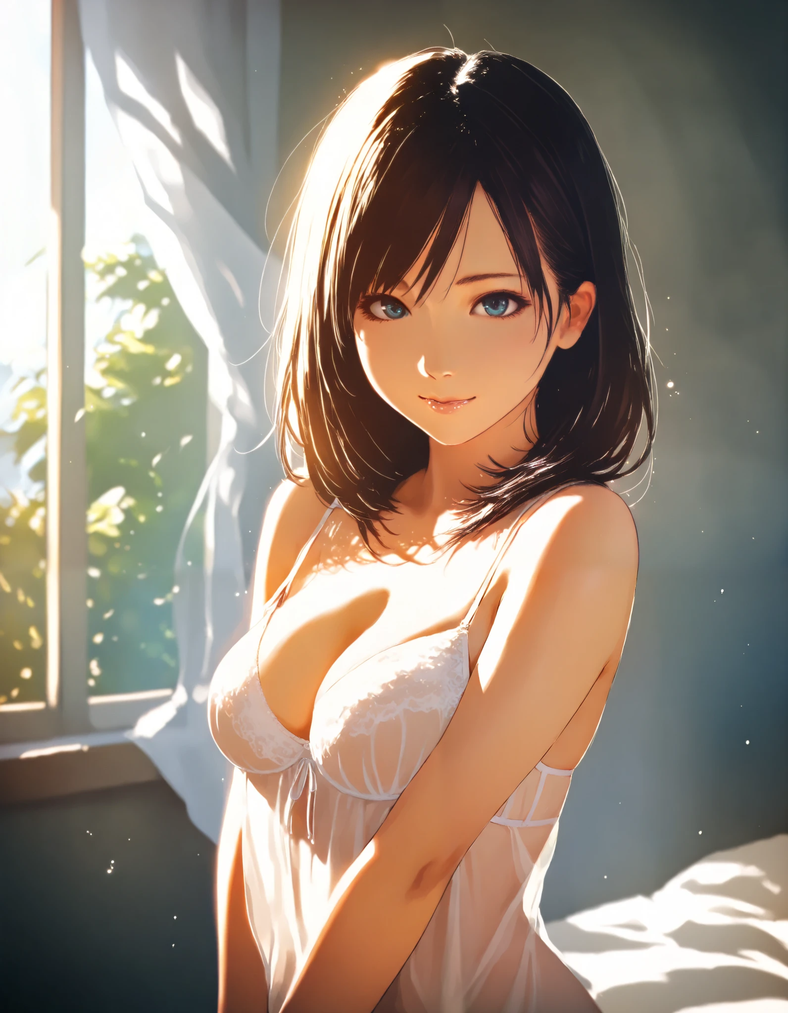 (best quality, masterpiece, high resolution:1.1),Use natural light and color, hyper detail clothes, high detailed anime image, cinematic light, 1 female , (silhouette of body:1.4),(transparent shirt:1.1), against light, erect nipples ,front view naked body, spreading her legs
