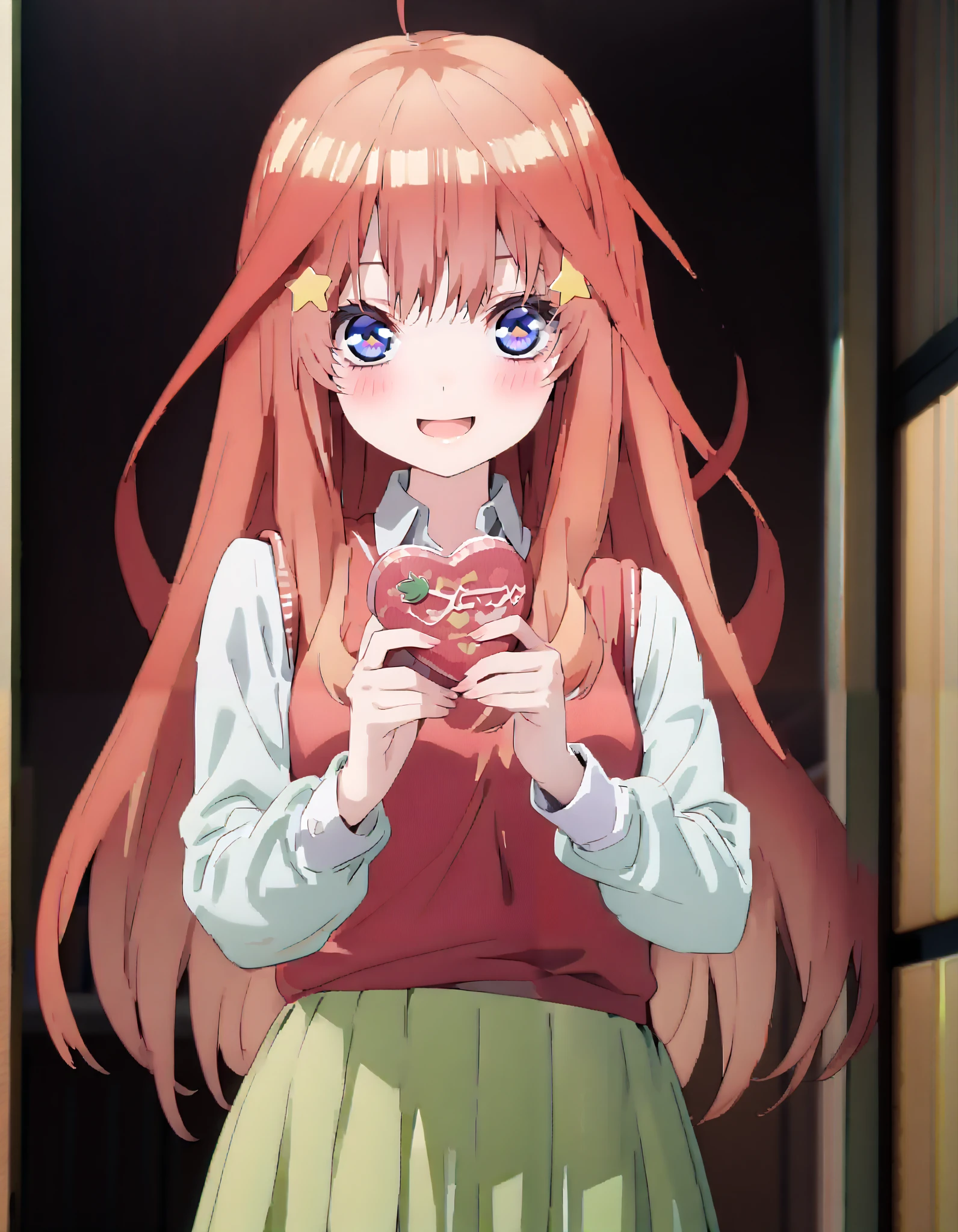 itsukinakano, Nakano Mizuki ,Alone, bangs, blue eyes, çµç¹ , stupid hair, long hair,Red Hair, star \( symbol \), Hair Ornament, star Hair Ornament,smile,blush, open your mouth,
break,skirt, shirt, school uniform, clavicle, white shirt, Long Sleeve, pleated skirt, socks, collared shirt, miniskirt, knee-high, white socks, ( green skirt :1.5), sweater vest, (red sweater vest:1.5),Give a heart-shaped gift,whole bodyが illustrationに入るように,
break indoors, classroom,
break looking at viewer, whole body,(cowboy shot:1.5),
break ( Masterpiece:1.2), top quality, Hi-Res, Unity 8k Wallpaper, ( illustration:0.8), ( beautiful detailed eyes :1.6), Extremely Detailed Faces, perfect lighting, very detailed CG , ( Perfect Hands, perfect anatomy),