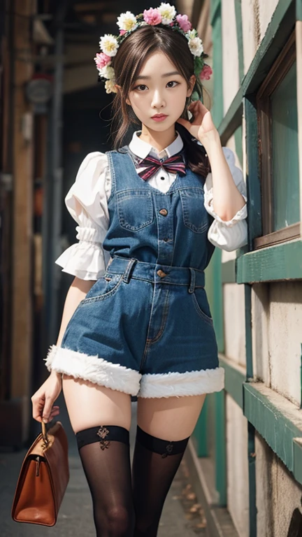 Muchirimchi、kawaii、She wears Mario's blue suspenders,Wearing Mario's hat,Pipe tools in hand,Short black hair、college girl,On the streets of the city,