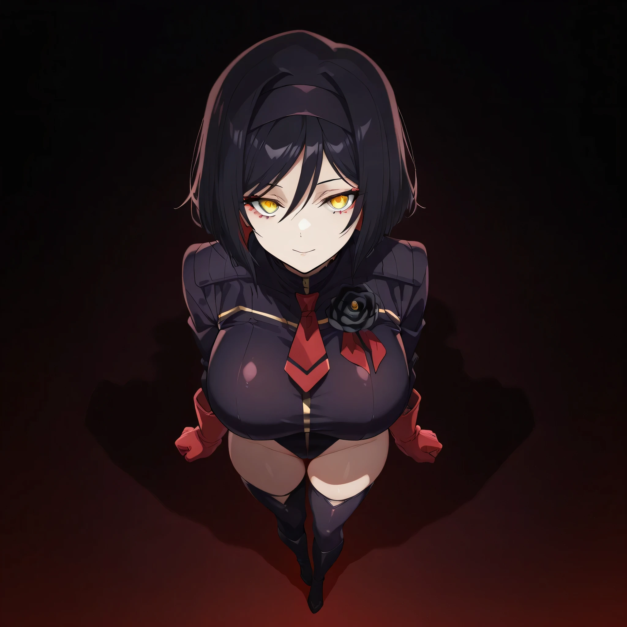 anime, (masterpiece), (best quality), (ultra-detailed), (best illustration), (best shadow), (absurdres), (detailed background), (very aesthetic), shiny, detailed beautiful eyes, outstanding, countershading, detailed soft lighting, an exquisite animation illustration, 1girl, solo, anheang, Dollsuit, thighthigh, dark persona, looking at viewer, red gloves, full body, Fighting Stance, hair ornament, submissive pose, seductive pose, large breast, huge breast, short hair, colored inner hair, yellow eyes, hairband, eyeliner, black rose, black hair, light smile, black rose background, glowing eyes,