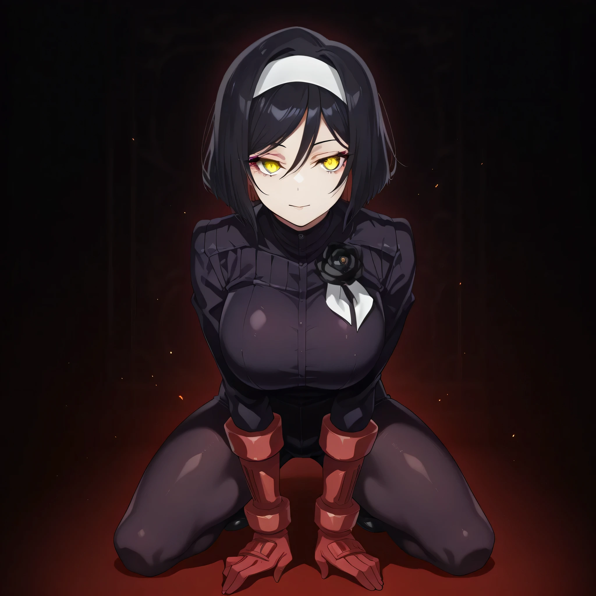 anime, (masterpiece), (best quality), (ultra-detailed), (best illustration), (best shadow), (absurdres), (detailed background), (very aesthetic), shiny, detailed beautiful eyes, outstanding, countershading, detailed soft lighting, an exquisite animation illustration, 1girl, solo, anheang, Dollsuit, thighthigh, dark persona, looking at viewer, red gloves, full body, Fighting Stance, hair ornament, submissive pose, seductive pose, large breast, huge breast, short hair, colored inner hair, yellow eyes, hairband, eyeliner, black rose, black hair, light smile, black rose background, glowing eyes,