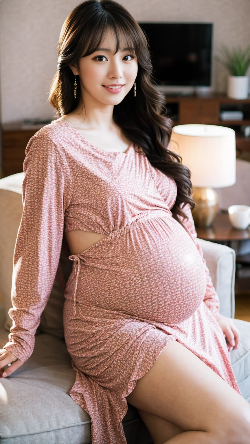 gorgeous heavily pregnant woman holding her big belly wearing tight velvet maternity dress
