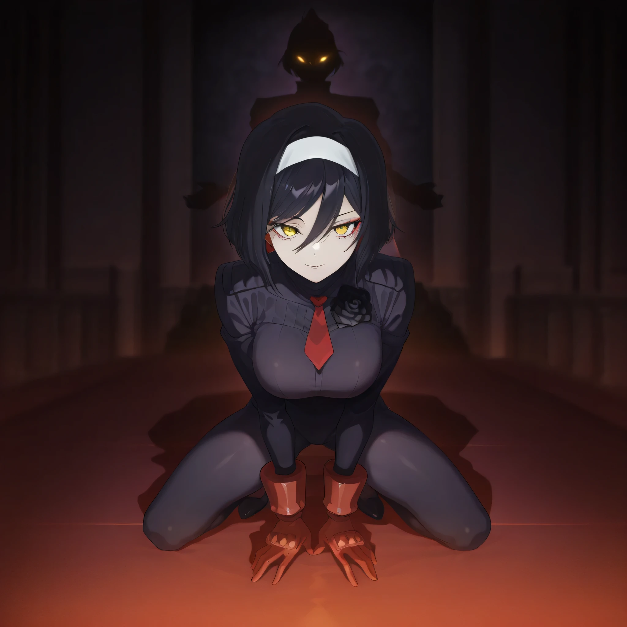 anime, (masterpiece), (best quality), (ultra-detailed), (best illustration), (best shadow), (absurdres), (detailed background), (very aesthetic), shiny, detailed beautiful eyes, outstanding, countershading, detailed soft lighting, an exquisite animation illustration, 1girl, solo, anheang, Dollsuit, thighthigh, dark persona, looking at viewer, red gloves, full body, Fighting Stance, hair ornament, submissive pose, seductive pose, large breast, huge breast, short hair, colored inner hair, yellow eyes, hairband, eyeliner, black rose, black hair, light smile, black rose background, glowing eyes,