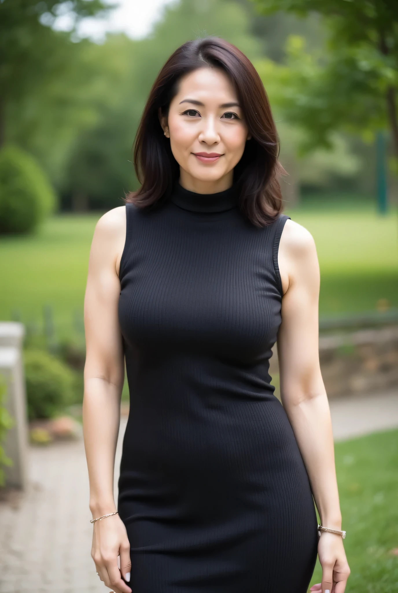 Beautiful middle-aged woman standing in a park (48 years old: 1.4), ( face), wavy dark hair ,Slender and long legs, fine laugh lines: 1.2, and a bewitching smile . 。 sharp facial details , amazing beauty (Ultimate beauty), It features 、 (lipstick: 1.1), ( eyeliner: 1.2), mascara, and eyeshadow . model exudes elegance and confidence , Large garden nearby and high resolution , photo by Nomi quality ( by Nomi: 1.2, hyper by Nomi: 1.1, photo by Nomi: 1.37), Unmatched Beauty Live Venue, and formal aesthetics (1.4). The image is rendered with sharp focus (1.4), , tolerates depth of field, and physical base rendering . Each fashion pattern has sophisticated seasonal styling, 。 The image exudes clarity and refinement 。Moss colored turtleneck sleeveless knit dress, with makeup including a blurred abstract background 、 reflects quiet refinement .