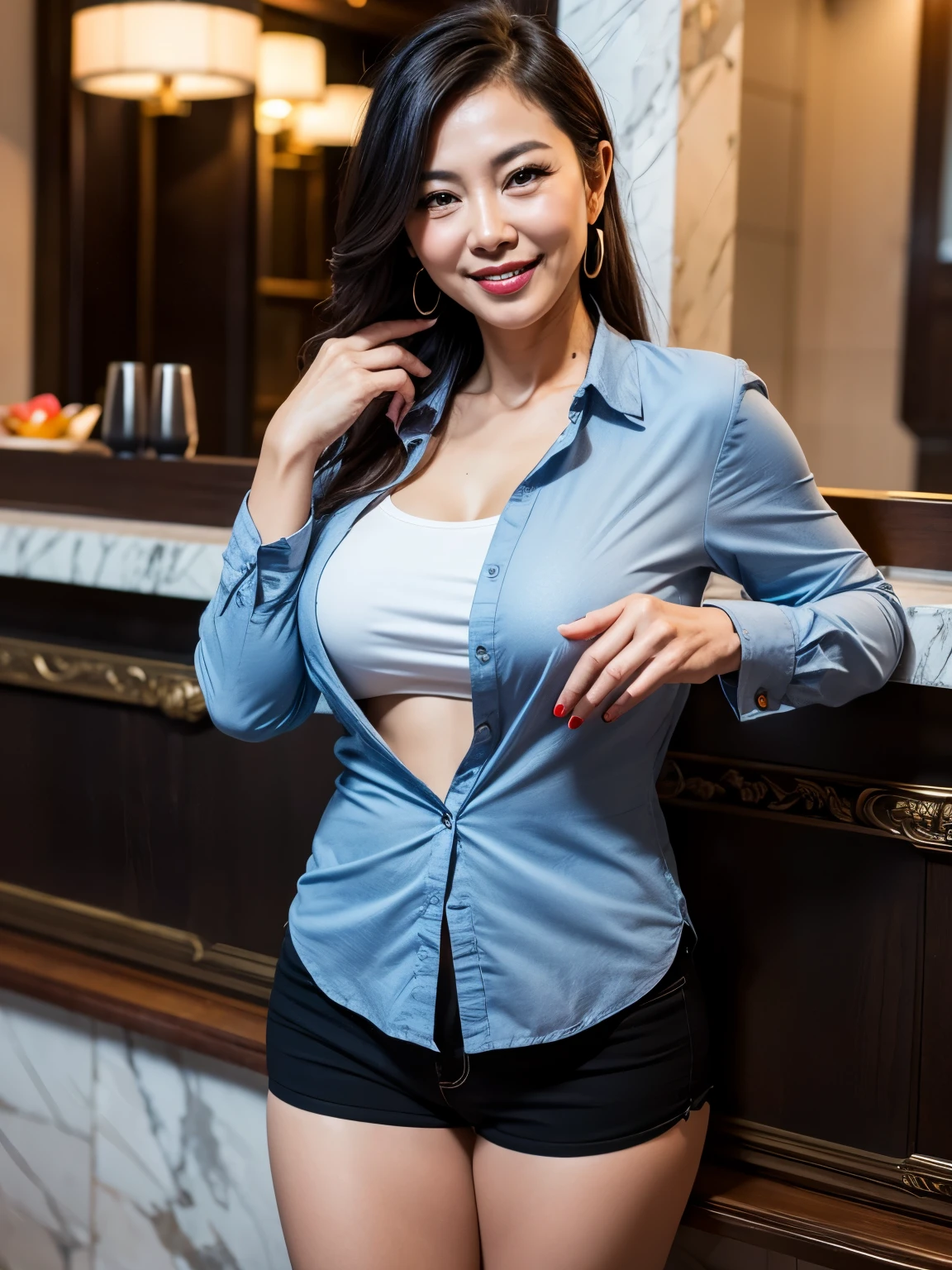 Delicate, masterpiece, beautiful details, colorful, exquisite details, delicate lips, intricate details, large breasts visible, 1 female, (a beautiful 20-year-old cute Korean woman: 1.1), (kpop idol, Korean mixed), (50mm Sigma f /1.4 ZEISS lens, F1.4, 1/800s, ISO 100, photograpy: 1.1), (ponytail + brunette: 1.2), ( Photorealistic:1.4), (SPY:1.2), (Open Shirt, classic blue skinny jeans, black pantyhose, Christian louboutin\(brand\),:1.3), earrings, necklaces, armbands, (tavern, bar:1.2), (beautiful legs, tall women, skinny, slim_legs, thigh_gap, model: 1.2), lens, seen from the front, (happy smile: 1.1), dynamic pose, (makeup: 1.2), kneeling,