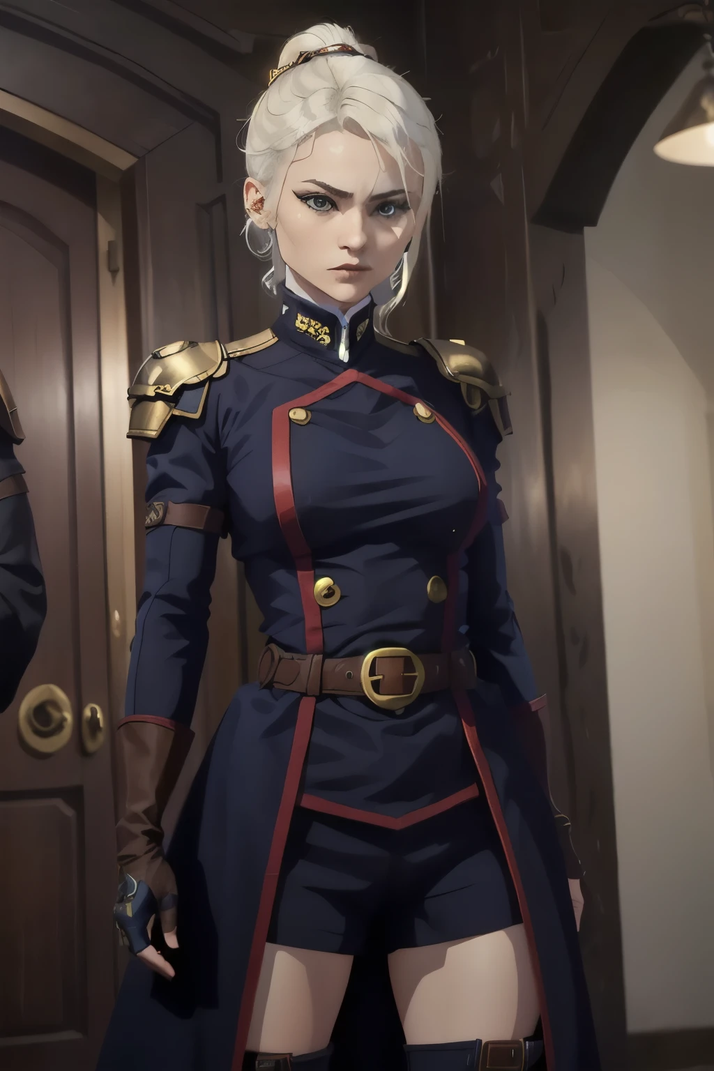 a young woman with pale skin with a serious and determined expression. She has white hair tied in a high ponytail , with loose locks framing her face . Her eyes are of a light shade , Blue or green, and his skin is pale .
He wears armor from modern look with gold details on a tight black uniform. The armor covers his torso and shoulders, leaving her arms relatively free . She wears fingerless gloves and dark bracelets on one of her wrists .
on his thigh, wearing a pair of belts with buckles and a leather bag tactical-looking . On her back you can see a long sword , , which indicates that she is a skilled fighter .
The lighting in the image gives her an elegant and professional look , highlighting the details of her clothing and her secure bearing .