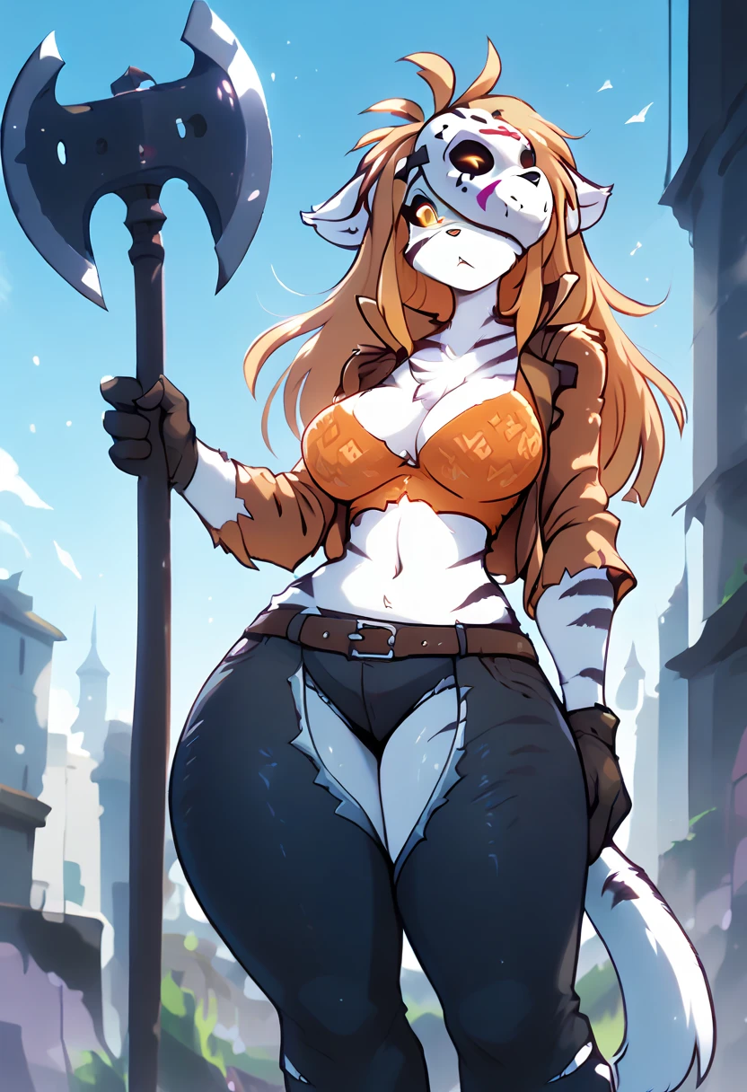 score_9, score_8_up, score_7_up, score_6_up, score_5_up, score_4_up, (solo), female anthro hyena, black shirt, spandex pants, lusty, fluffy body, long blond hair, turquoise eyes, (thick thighs:1.5)((( offering the breasts))) sex partial clothes, (((cleavage))) semi-butonned uniform niform, (barely_visible_booba) (she is standing) , giant breasts, garter belt tights