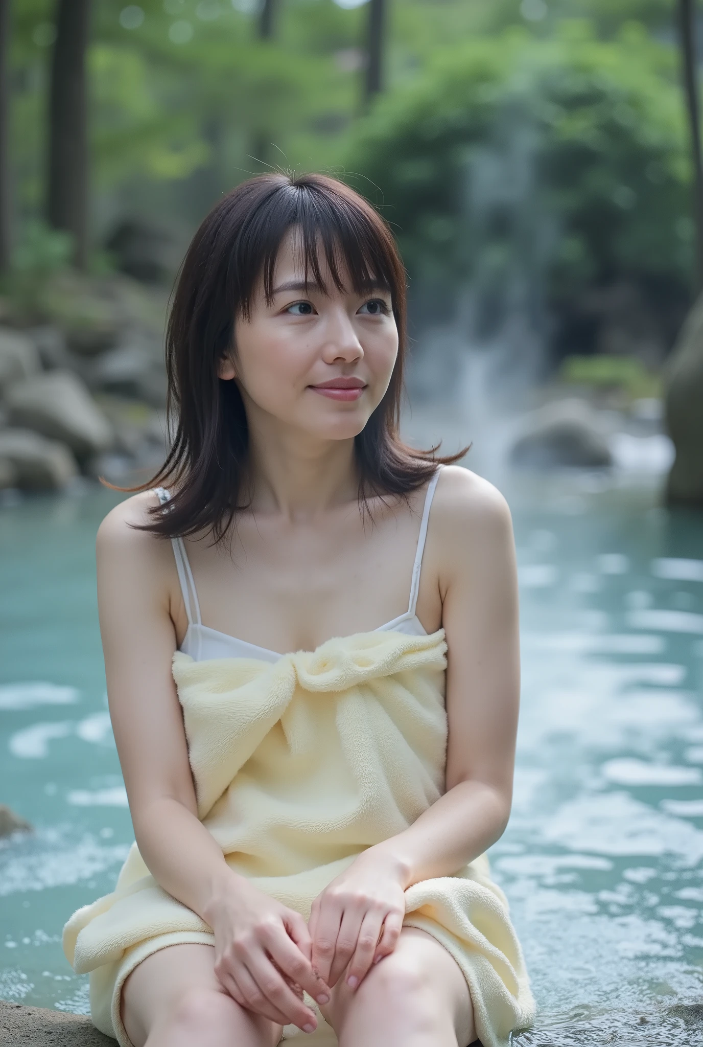  ((  Be careful))、最 high quality、 high quality、 best image quality、8k、最 Hi-Res、 Hi-Res、最 high quality、 Masterpiece、 Far and Close、 detailed and realistic human body 、 Fine and realistic skin  、 realistic face with book and notebook in every detail、 every detail is realistically reproduced 、 detailed and realistic lips、Detailed and realistic teeth、Realistic ears、 realistic and exquisite hair、  Fine and realistic arms  、 every detail is realistically reproduced 、Extremely realistic fingers 、(  beautiful hands 、thumb１reference４)、 realistic feet down to the last detail 、(( A beautiful Japanese girl ))、( Japanese model), ( Japanese woman)、(( 18 year old beautiful girl ))、(  black hair)、( random hairstyle)、( sexy look)、((whole body))、((Beautiful upturned breasts))、(Slim Style、Slim Fit)、(whole body glossy skin、 white skin)、(( wrap a towel around your body .))、((Thin towel( You can see her skin through the wet thin towel  .))、(The shape of her nipples is clearly visible through the wet thin towel)、(  the shape of the pussy is clearly visible through the wet thin towel .)、((  The wet thin towel sticks firmly to the skin  .))、( Soft natural light )、((Deep in the forest( and a natural hot spring springs up))、(( Hot springs surrounded by rocks))、((deep bathtub(Deep Hot Springs))、((Hot Spring Girls))、((Take a bath in a hot spring))、((A woman warming up in a hot spring))、(( hot springs))、(( up to her shoulders Hot Springs ))、(( 底のDeep Hot Springs ))、(( main body visible from the surface of the water, wrapped in white fog))、((  Hot Springs with Strong Steam Gushing Out of Water  ))、(( a lot of steam rising from the hot springs.........))