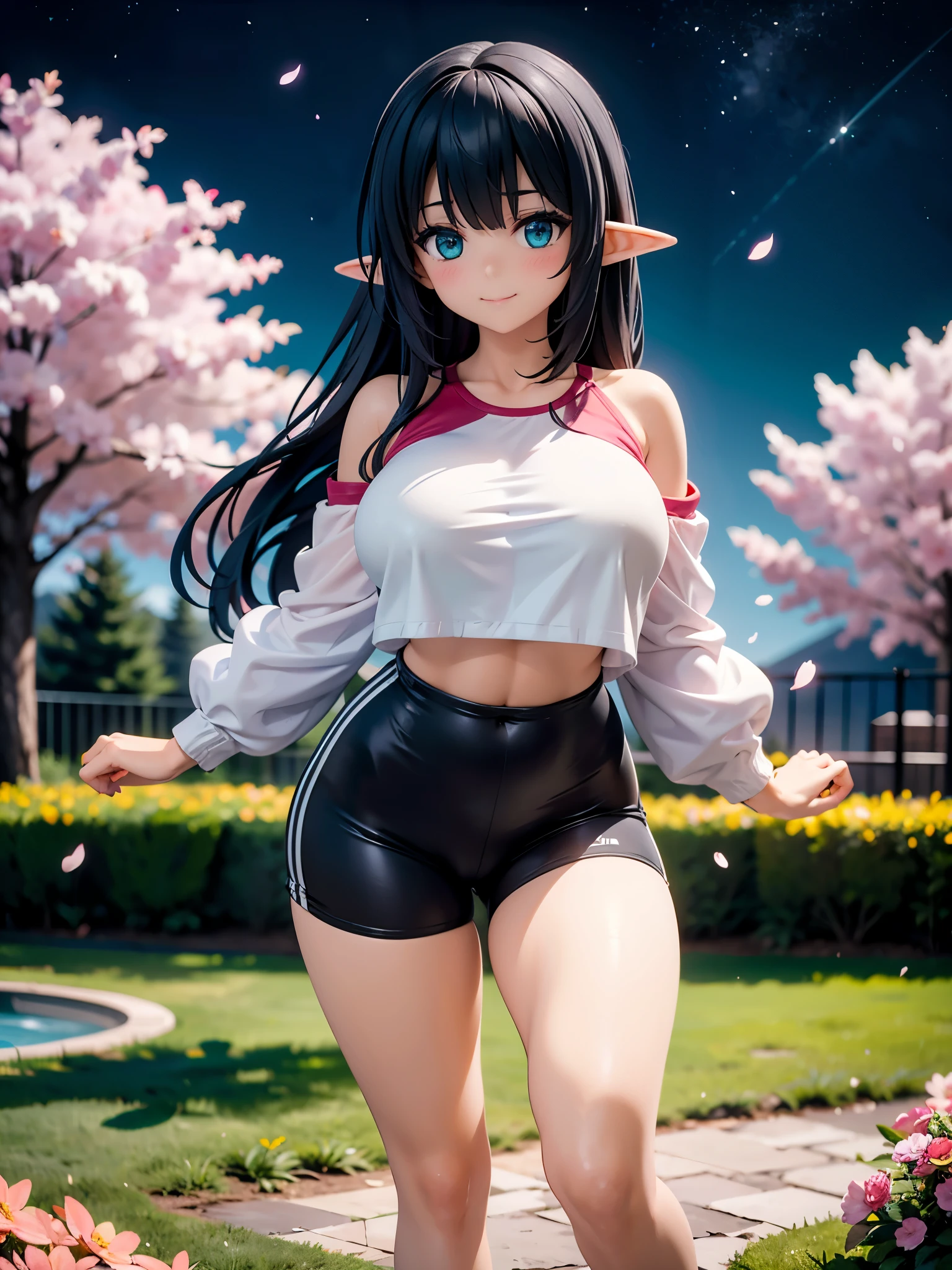 detailed image, beautiful image, 1 elf, black hair, long hair, turquoise eyes, has large breasts, short waist, wide hips, thick thighs, wearing a long sleeve top, showing her belly button, sport shorts, casual sneakers, posing in a park, smiling, starry night, surrounded by flower petals and a bed, ambient light, natural light