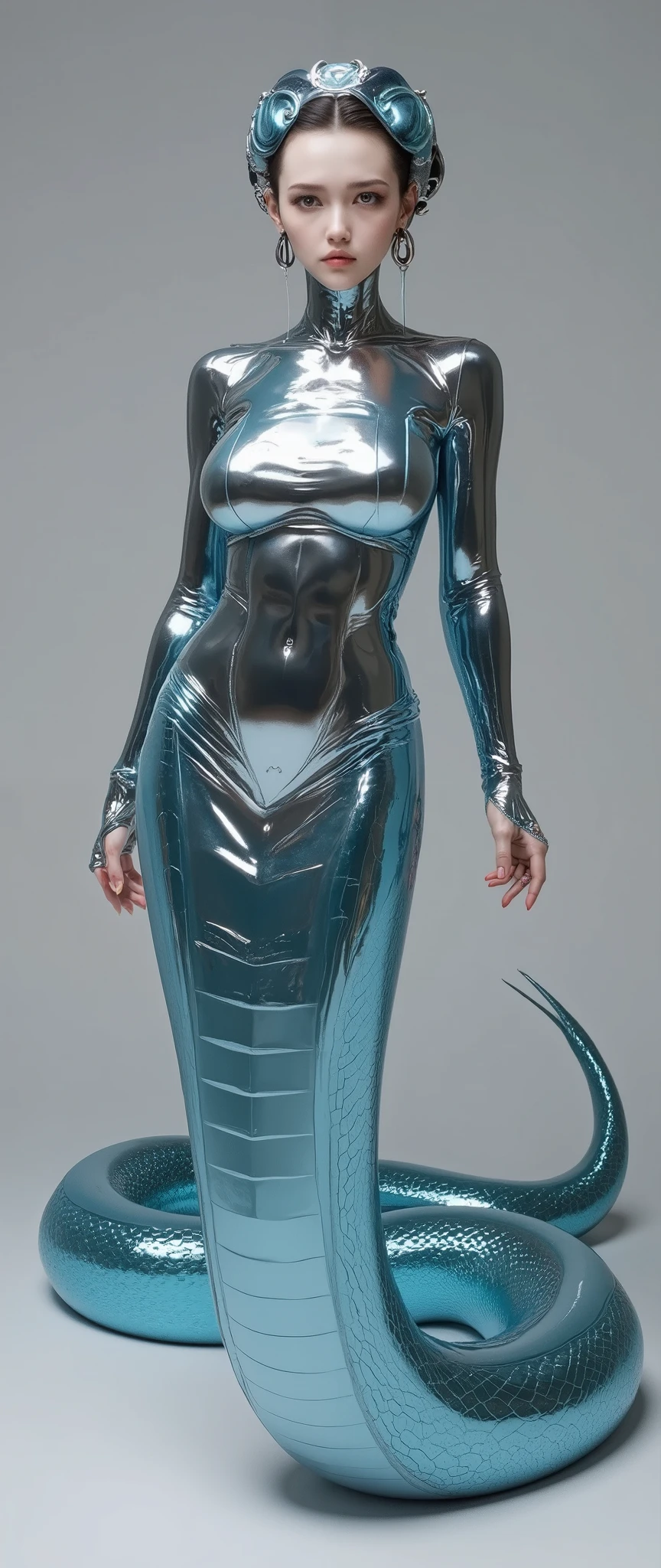 A Snake Woman made of liquid mercury, inspired by cyberpunk aesthetics, featuring a reflective surface in chrome silver and metallic neon blue. Rendered in an ultra-realistic, high-quality style with intricate details and smooth, fluid textures, evoking a futuristic and dynamic aesthetic.a serpent-like lower body.Her upper body is human, but her lower body is serpent-like.