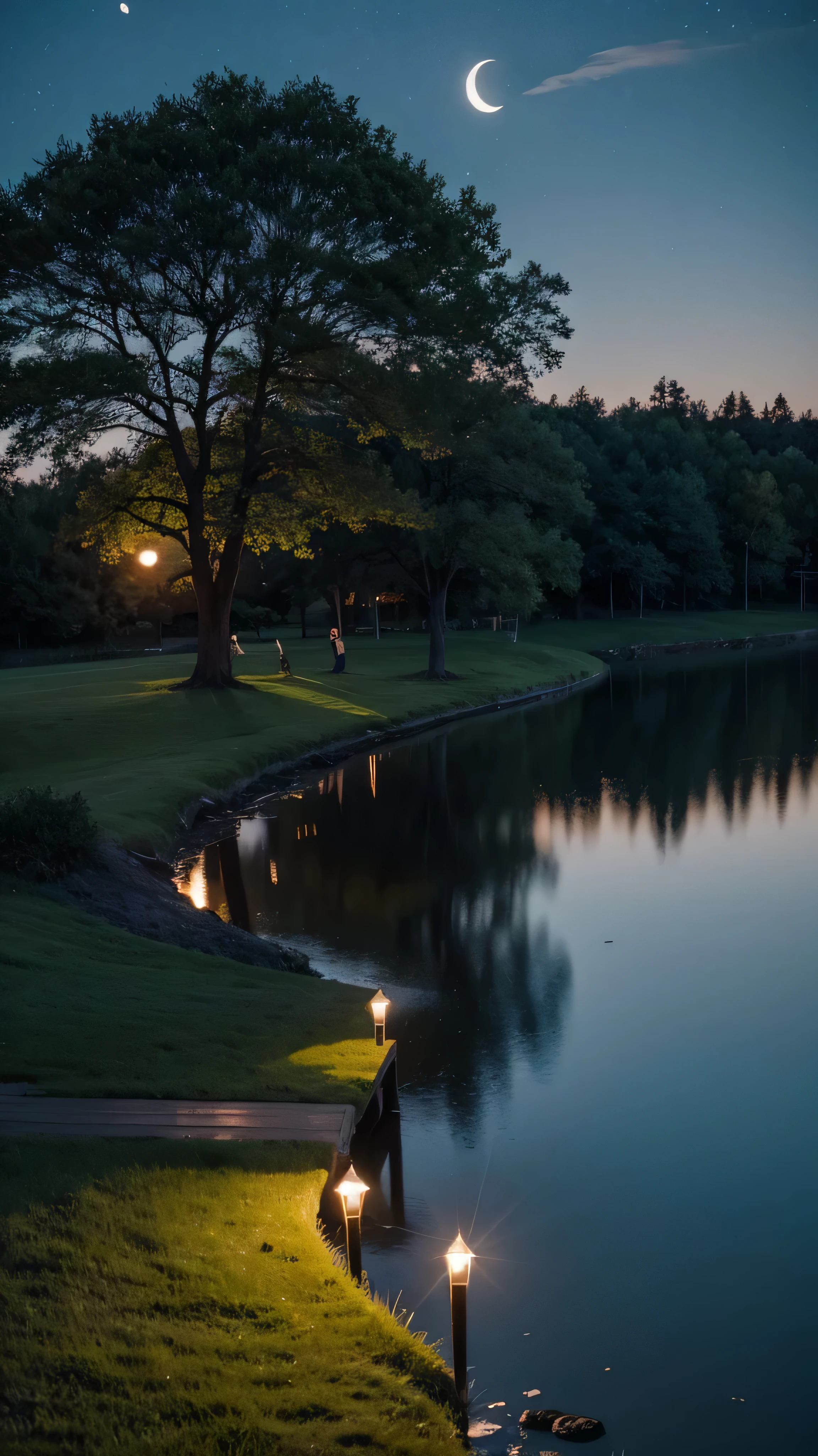 there is a bench on the lawn near the lake and a giant tree with the moon reflecting in the water, Cows grazing near a tree, the moon is reflecting in the water , full Moon in the background, full Moon in the background, big Moon in the background, big Moon in the background!, (Moon in the background), Moon reflected on the water, Moon in the background, A perfect and clear moon, Moon in the background