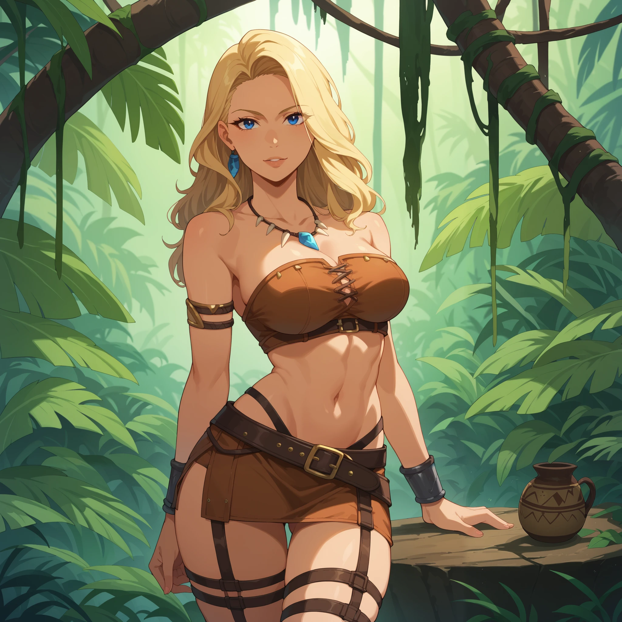 Anime style illustration of a young, beautiful woman with long blonde hair and blue eyes. Large breasts. She wears a tribal-inspired outfit made of animal skins and leather, similar to a jungle warrior or native. The outfit is revealing yet tasteful, consisting of a fur-detailed crop top, a short skirt with a leather belt adorned with tribal accessories, and arm guards made of leather. The character stands confidently in a lush jungle setting with sunlight filtering through the leaves, creating a dynamic and vibrant scene.