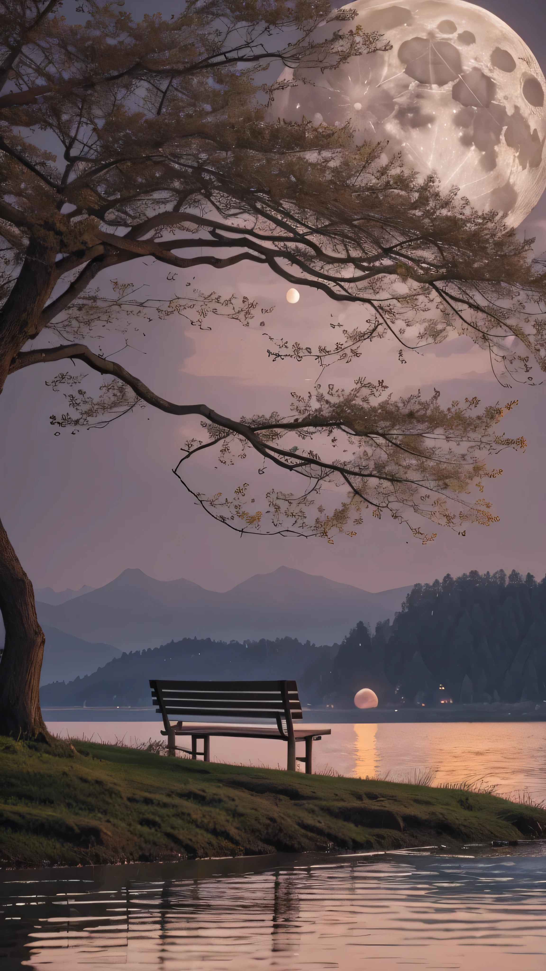 there is a bench on the lawn near the lake and a giant tree with the moon reflecting in the water, Cows grazing near a tree, the moon is reflecting in the water , full Moon in the background, full Moon in the background, big Moon in the background, big Moon in the background!, (Moon in the background), Moon reflected on the water, Moon in the background, A perfect and clear moon, Moon in the background