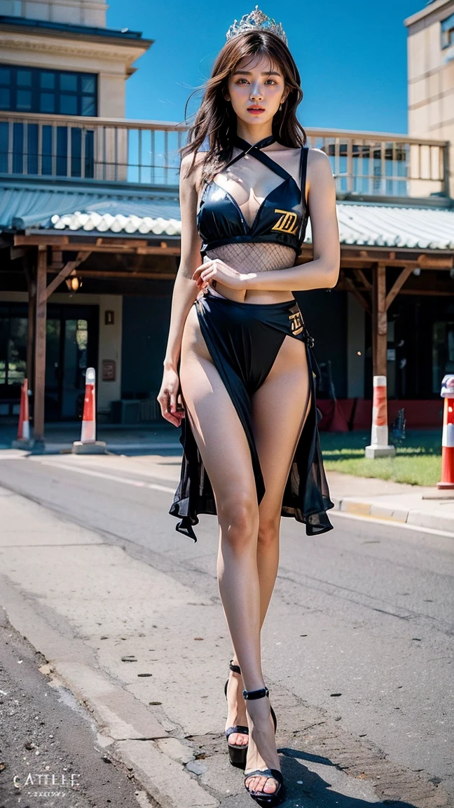 realistic, 1 women, best quality, 12k, HD, wear Allstars shoes, wear glasses, long hair, big round breasts, cleavage, ponytail, necklace, jewelry, shorts, short jacket, slim hips, hair tie, yellow eyes, black hair, super detailed, Eye details, hair details, person details, mouth details, face details, breast details, clothes details, hair details, pants details, hand details, whole body