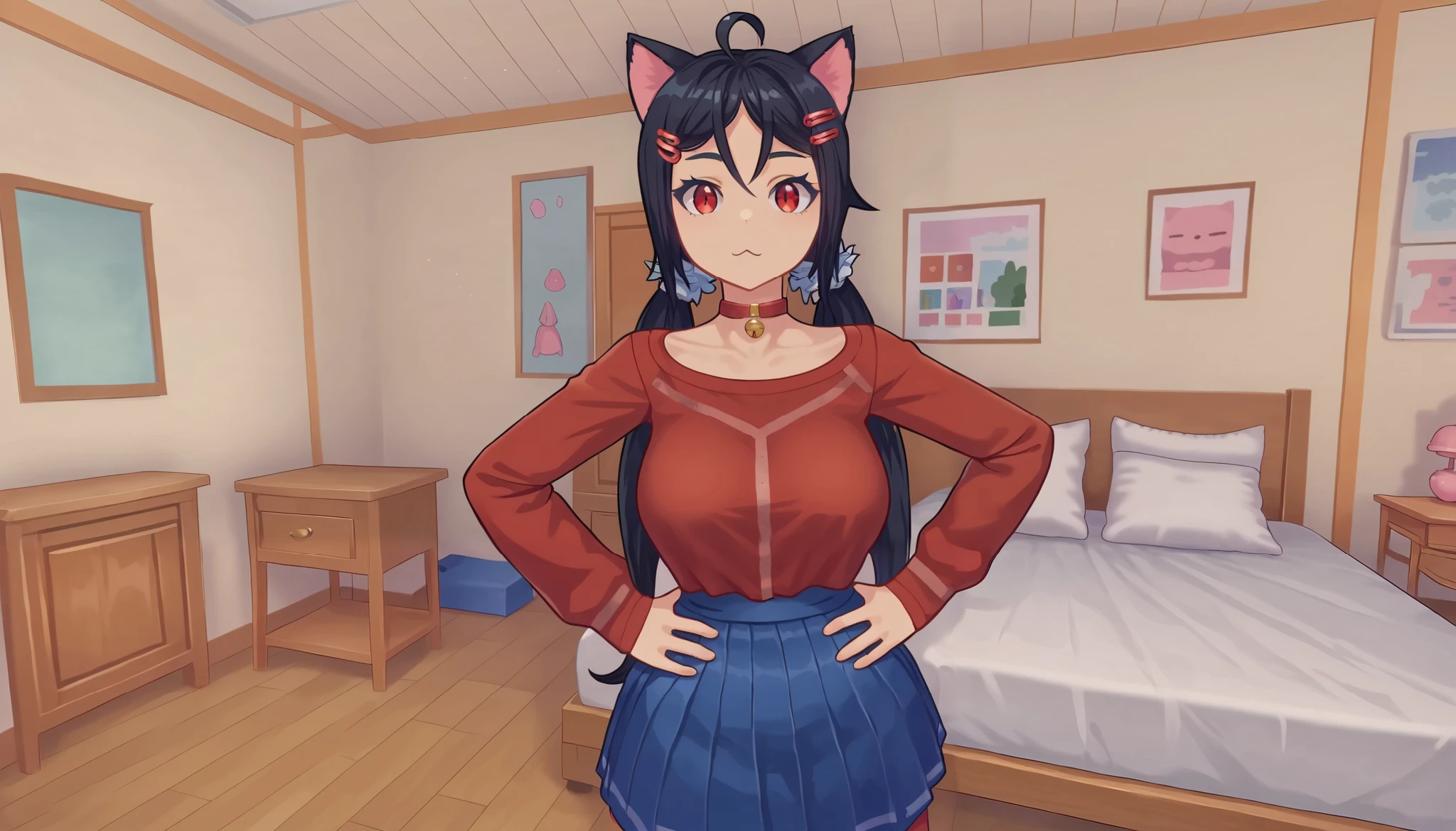  score_9,  score_8_arriba, sharp focus,, absurdities,  highres,  illustration, me_facing, 1 girl, , ((cat girl, cat ears)), (red eyes), ( long hair ), (( Black hair, (Ahoge),, braids of hair, diadema, scrunchie,  hair pins,  hands on hips, blouse, skirt, red stockings, neckline,   Big breasts ,  watching the viewer, Alone ,  bedroom,