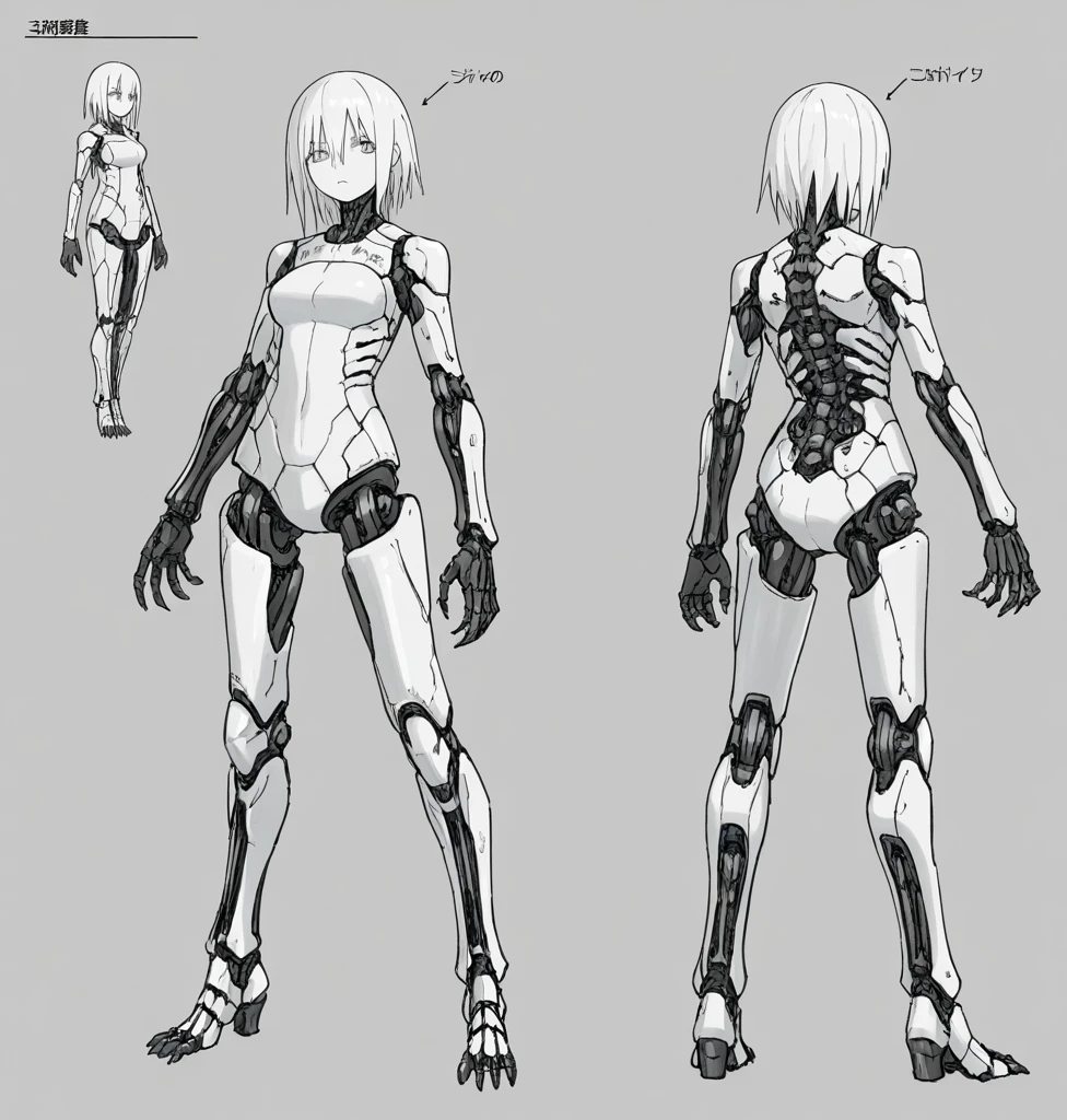 full body, Short-haired girl, High resolution, accurate, Anatomically correct, Highest quality, High detail, Exposed shoulders, Neon Light, (best quality, masterpiece), 1girl, 15 yo, standing girl, (three view drawing, front and back and side), simple background,Silver Hair, Wings of bones, Brown Skin, Exposed breasts, Exposed Skin,