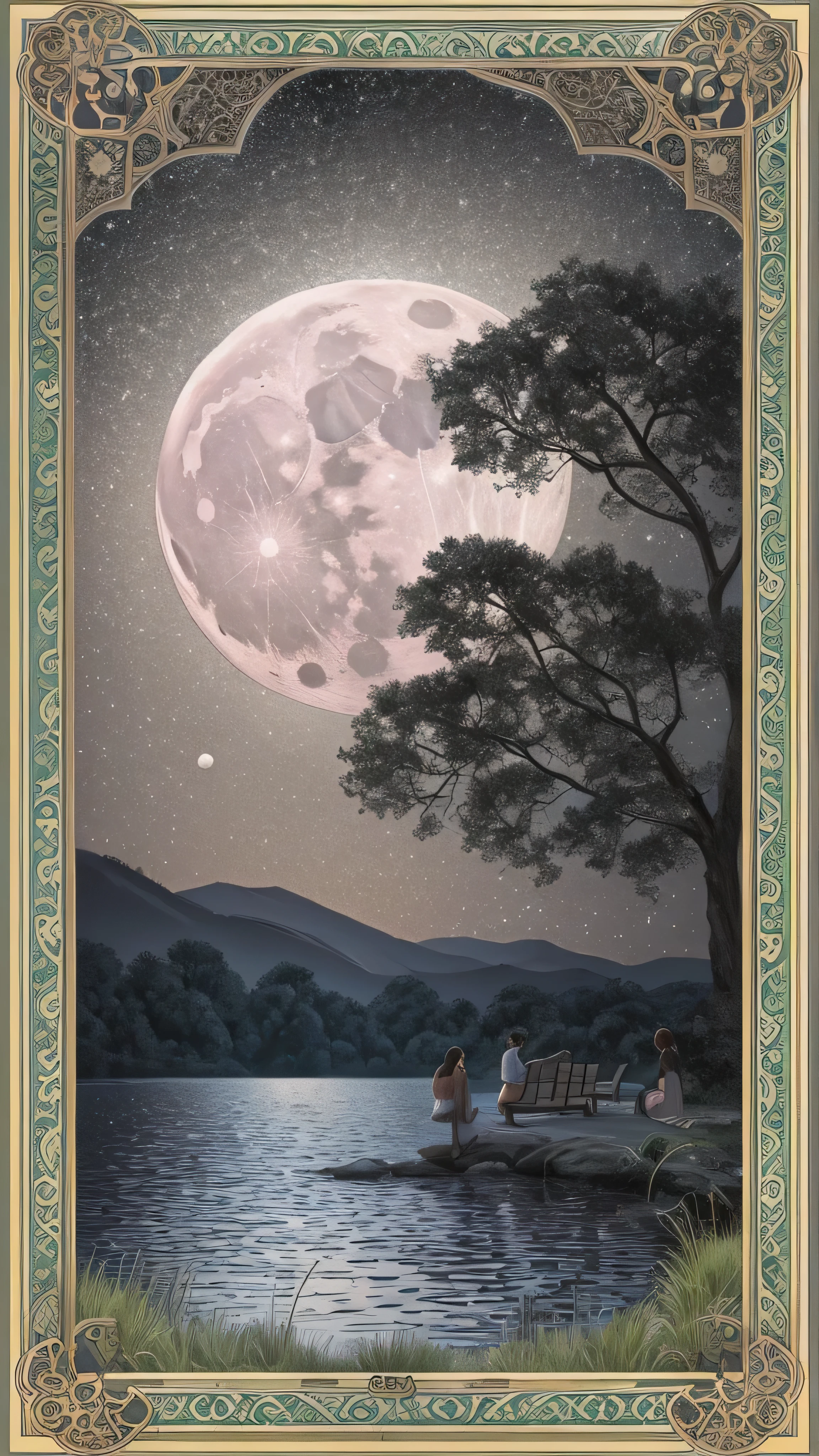 there is a bench on the lawn near the lake and a giant tree with the moon reflecting in the water, Cows grazing near a tree, the moon is reflecting in the water , full Moon in the background, full Moon in the background, big Moon in the background, big Moon in the background!, (Moon in the background), Moon reflected on the water, Moon in the background, A perfect and clear moon, Moon in the background