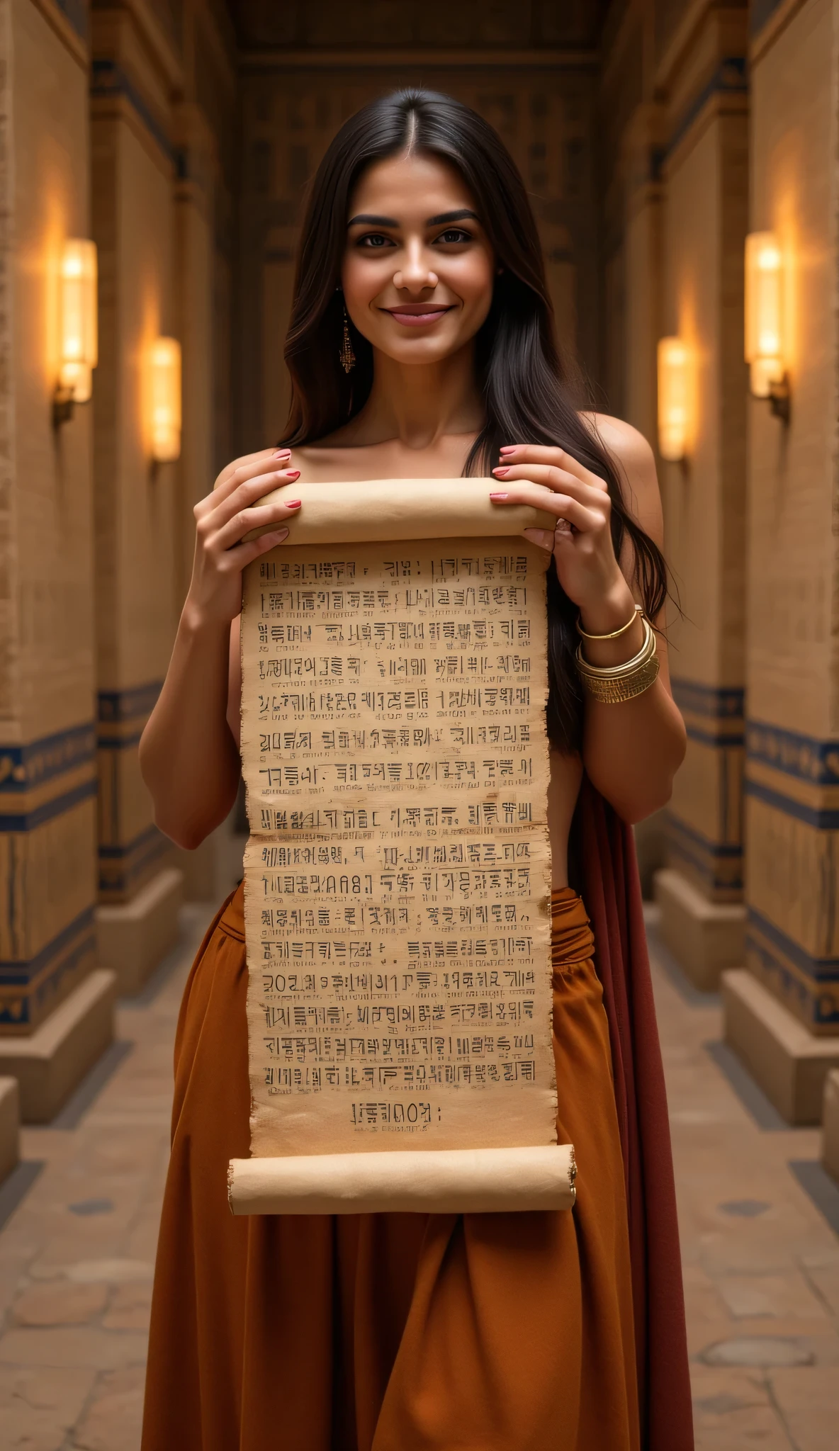 SFW, A hyper-realistic wide scenery image shot of a prehistoric beautifully ancient egypt female pharaoh holding showed up a big size sheet papyrus inscription, symmetrically balanced in image composition. The beautifully ancient Pharaoh is depicted in a best cinematography angle view. She is wearing a realistic cultural anciently egypt pharaoh long skirt robe dressing. The scene includes a well bust prehistoric female ancient Pharaoh holding show up a big size sheet scripts papyrus, and smiling. The background features anciently Egypt hieroglyph tomb with central leading lines, creating a sense of realistically fullest depth on ultra-wide angle. The image has UHD ambience, with a zoomed-out perspective, realistic textures, mixed lighting concept, and a wide-angle view. The female's hands are accurately detailed with full human finger anatomy, and her hair is shiny and lifelike. The overall style is reminiscent of Far Cry 5 game artwork, with additional details and body fixes applied. The combination of influenced of SandalPunkAi Artwork and BronzePunkAi Artwork. lifelike texture.