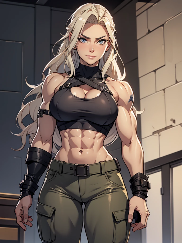 yellow eyes muscular girl large breasts pale skin