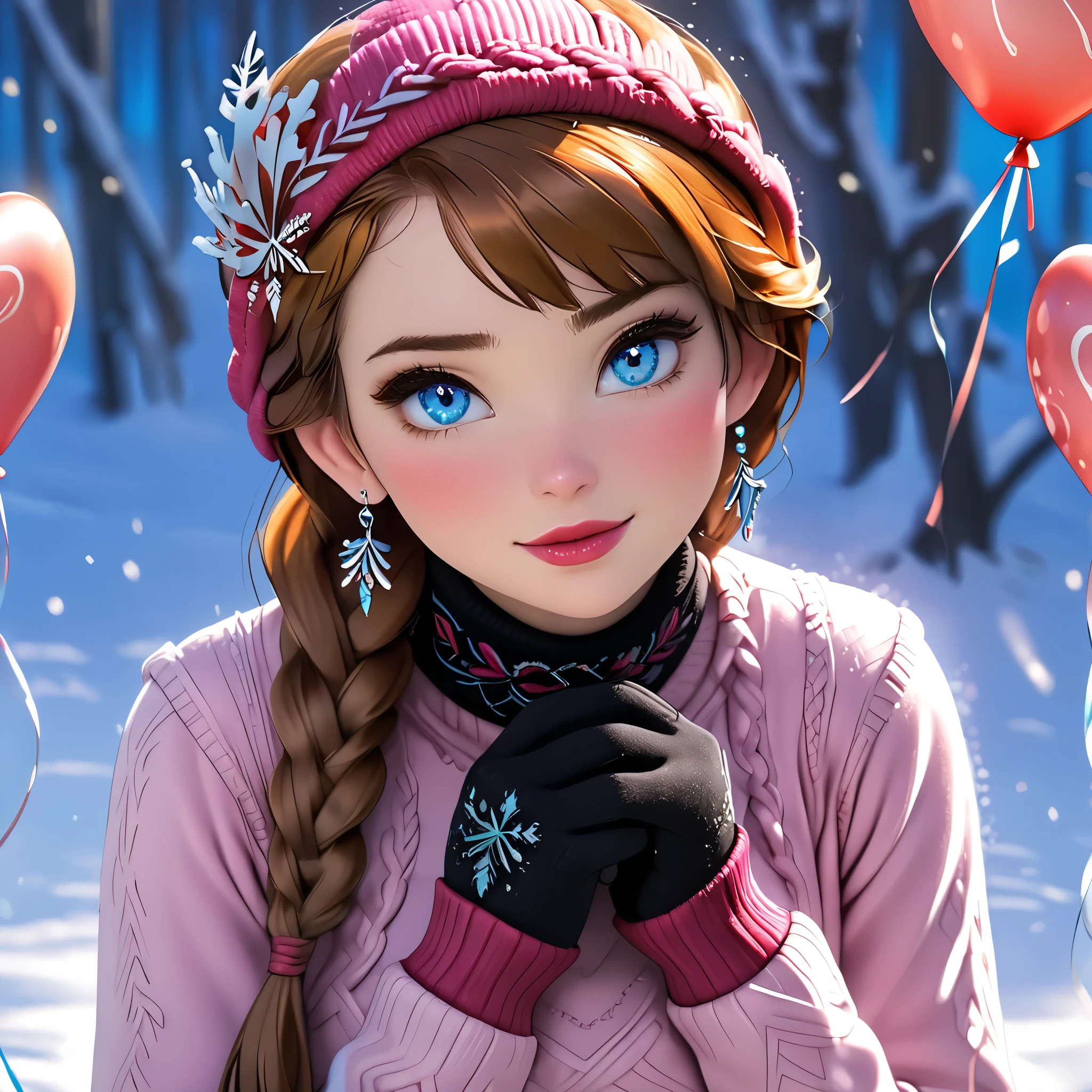 (beautiful girl:1.3),1girl,masterpiece,Highest quality,Ultra-high resolution,rich contrast,super high quality,8k,Highly detailed CG unit wallpaper,texture,Incredibly absurd,Ultra-high resolution,Highest quality anime,professional photograph,an extremely delicate and beautiful,RAW Photos,Depth of Field 1.2,ultra-detailed eyes,Glitter Effect,Beautiful glossy lips, 25years old, gorgeous legs, noise perfect, gorgeous ass, 1girl, gorgeous ass, dynamic pose, sensual woman, seductive woman, mature woman, Milf, maternal, shy look, full body, (type of photo: medium shot, portraying the person from head to waist), orange hair, blue eyes, twin braids, Princess Anna from Frozen, DisneyAnna, Setting: A fair with neon lights, She is holding a teddy bear with a red bow and several heart balloons float around her. His eyes reflect love and sweetness, Outfit: An oversized burgundy sweater with a turtleneck, leather leggings and tall black boots. Accessories: Wool gloves, a scarf in pink tones and a knitted hat with a pompom. Hair and makeup: Messy braids, natural makeup with a little highlighter and raspberry lips.
