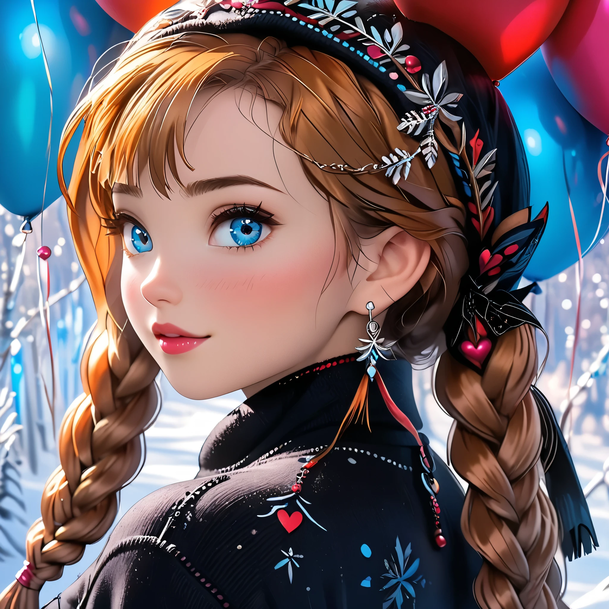 (beautiful girl:1.3),1girl,masterpiece,Highest quality,Ultra-high resolution,rich contrast,super high quality,8k,Highly detailed CG unit wallpaper,texture,Incredibly absurd,Ultra-high resolution,Highest quality anime,professional photograph,an extremely delicate and beautiful,RAW Photos,Depth of Field 1.2,ultra-detailed eyes,Glitter Effect,Beautiful glossy lips, 25years old, gorgeous legs, noise perfect, gorgeous ass, 1girl, gorgeous ass, dynamic pose, sensual woman, seductive woman, mature woman, Milf, maternal, shy look, full body, (type of photo: medium shot, portraying the person from head to waist), orange hair, blue eyes, twin braids, Princess Anna from Frozen, DisneyAnna, Setting: A fair with neon lights, She is holding a teddy bear with a red bow and several heart balloons float around her. His eyes reflect love and sweetness, Outfit: An oversized burgundy sweater with a turtleneck, leather leggings and tall black boots. Accessories: Wool gloves, a scarf in pink tones and a knitted hat with a pompom. Hair and makeup: Messy braids, natural makeup with a little highlighter and raspberry lips.