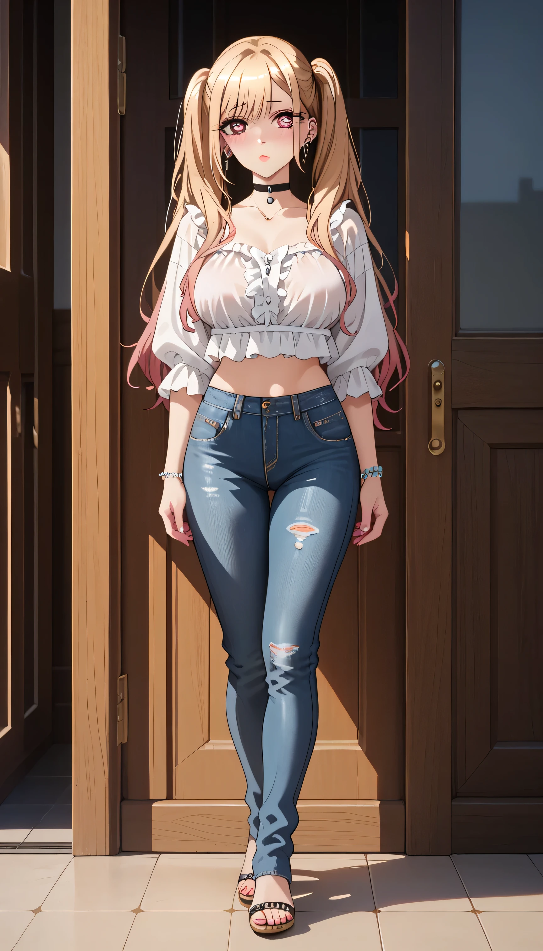 ((best quality, masterpiece:1.3, 8K)), (detailed), highly detailed face and skin texture, detailed eyes, full body, indoor, summer, (slender body:1.1), 1girl, KJOmarin, (solo), (18+ years old), white skin, bright lips, worried, embarrassed, panicking, blonde hair, long hair, twintails, multicolored hair, earrings, ear piercing, sexy outfit, large breast, (jeans pants), desperation:1.2,