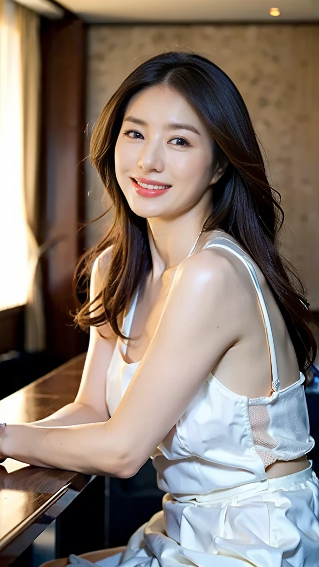 nice images,clear focus,perfect brown eyes,bright red lips,long hair,Home,Look head-on,full pose,wonderful faces..,It looks beautiful。,(((White hollow sexy underwear))),((Smile is gentle and charming)),extra focus,Radiant face,facial details,8K resolution,