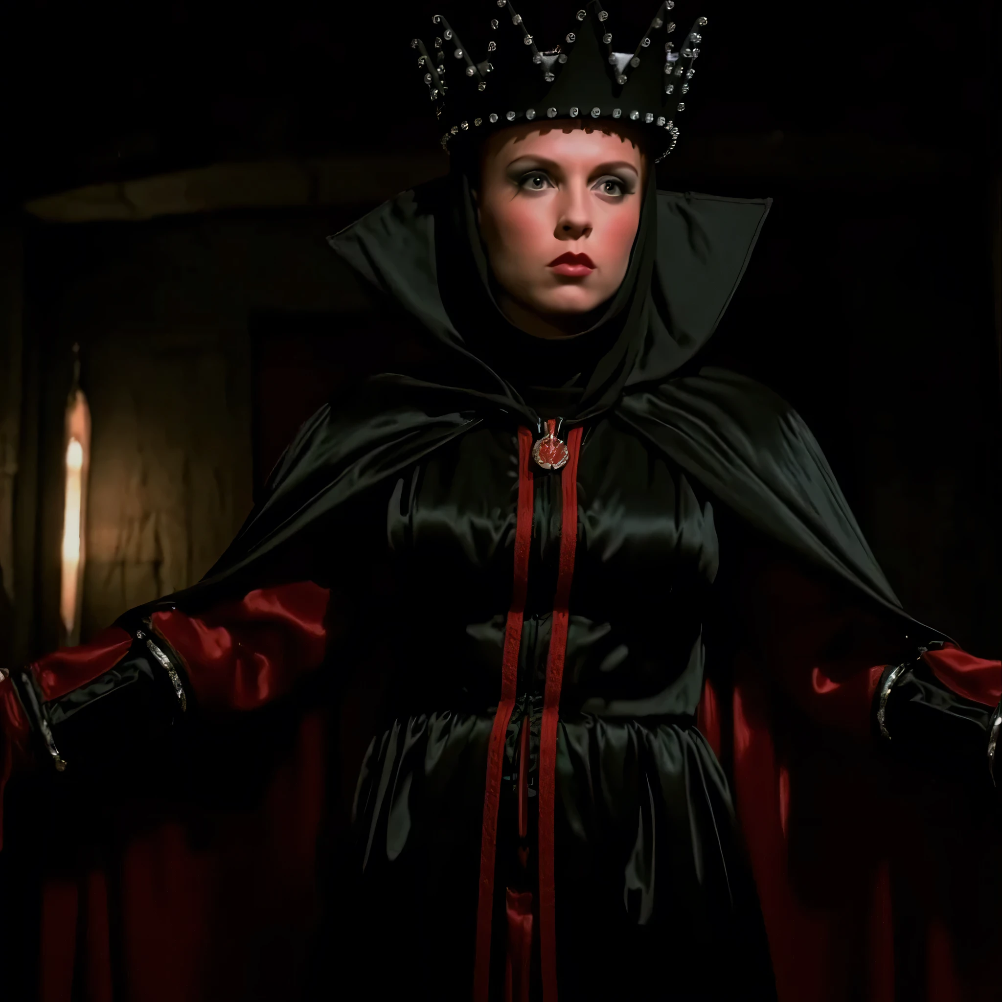 cinematic closeup film still of Evil Queen a Long shot of a surprised woman with Huge Wide Bulging Eyes , Very busty in a black costume, Long Black Satin Cape with red satin Lining and a black crown with wide staring eyes and a shock expression on her face in 1500s 15th century, 1girl, solo, hat, upper body, lips, makeup, black background, crown, lipstick, realistic, red lips, shallow depth of field, vignette, highly detailed, high budget, bokeh, cinemascope, moody, epic, gorgeous, film grain, grainy