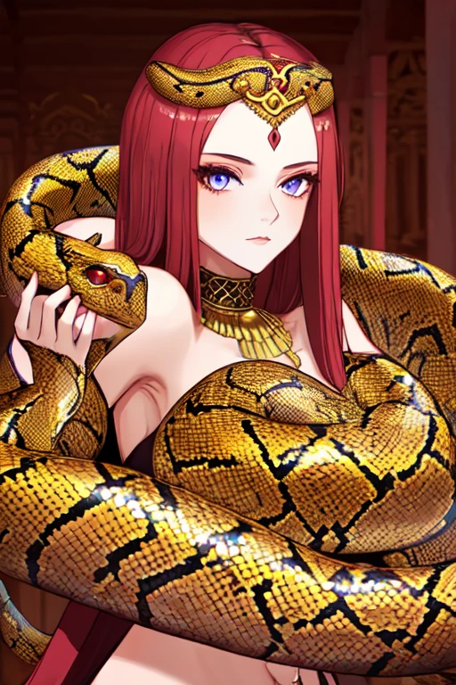 mature female), (milf) , (lamia), (monster girl) , detailed snake skin, (detailed scales skin), (Elongated snake tail:1.3), red tail, red scales, ((long black hair)), straight hair, side locks, yellow eyes, puffy lips, thick lips, ((red lips)) , ((huge natural breasts)), cleavage, narrow waist, hourglass, navel piercing , bra, pelvic curtains, hoop earrings, necklace, bracelets, tiara, eye shadow, eyeliner, smile, parted lips, sexy pose, posing, ExtraArms, extra arms, cowboy shot, dancing, dutch angle, action shot, arabian architecture, temple, outdoors