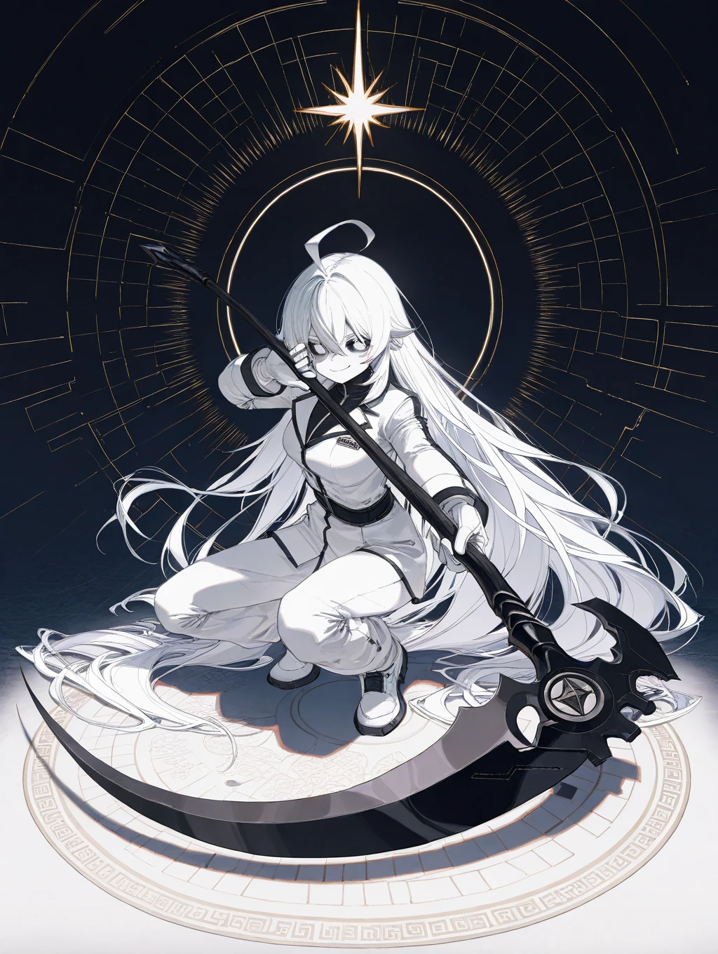 masterpiece, best quality, YkYi background, close-up, CyLm, sad style, God's punishment, magic curb chain, magic war, 1 damaged girl, solo, looking at viewer, the girl is a cyber witch, messy white hair, gold eyes, kermes Inus clothes, star background