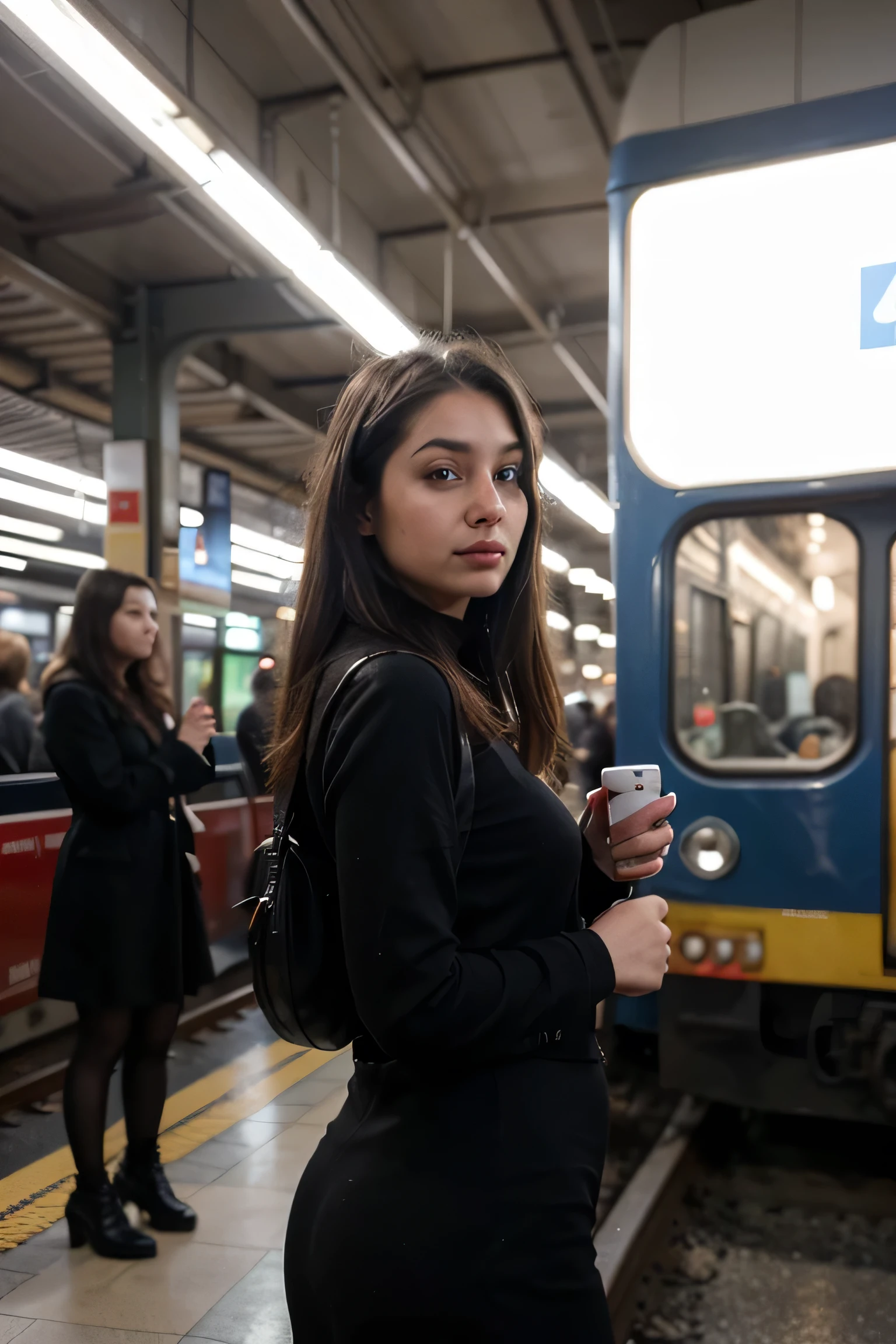 A 30-year-old woman with a youthful appearance is standing on a bustling train platform, waiting for her train. She is dressed in stylish yet comfortable black clothing, with a calm and focused expression as she watches the tracks. The overhead lights cast a soft glow, contrasting with the cool tones of the early evening sky. Around her, commuters move with purpose, some engaged in quiet conversations while others check their phones. A distant announcement echoes through the station, blending with the rhythmic sounds of trains arriving and departing. The atmosphere is a mix of movement and anticipation, capturing a fleeting yet introspective moment in her journey