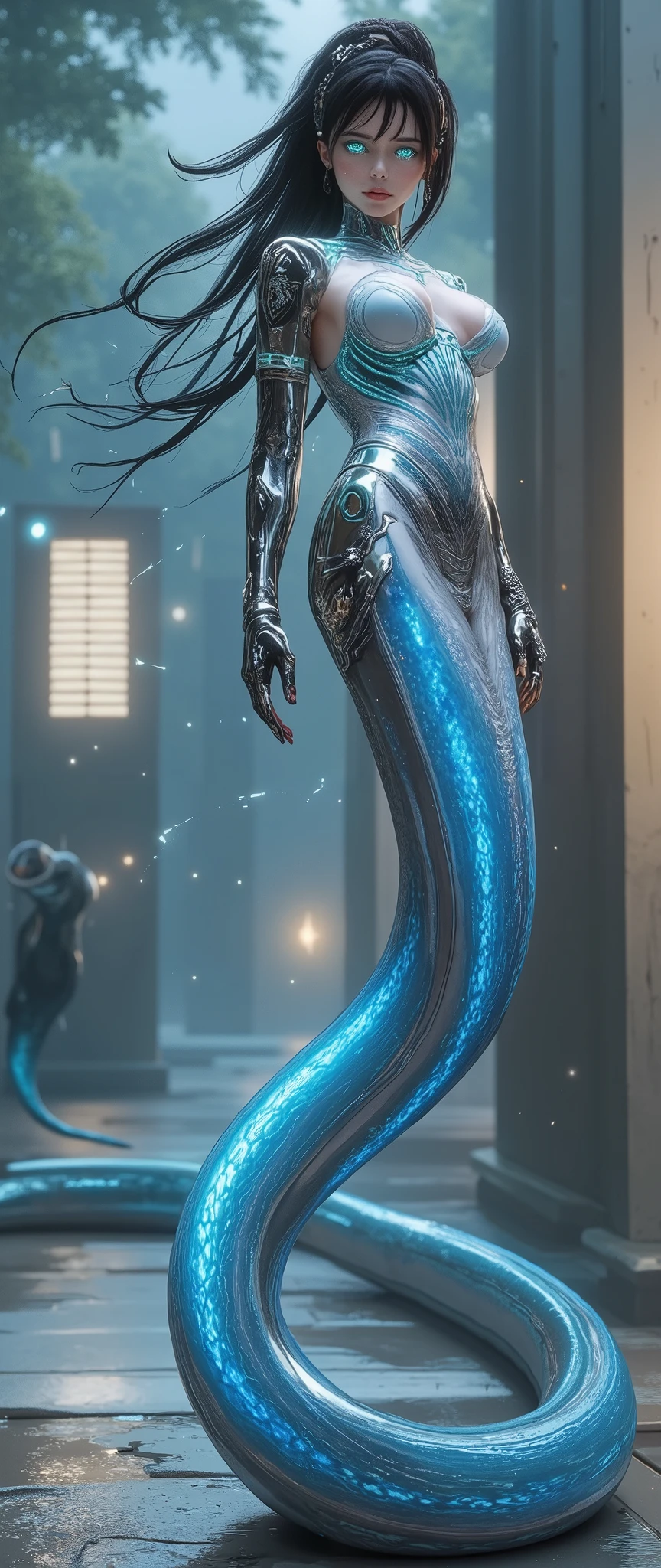 Snake Woman.a female character with a serpent-like lower body.Her upper body is human, but her lower body is serpent-like.Create an image of a futuristic snake woman who combines both the raw beauty of nature and the sleek precision of advanced technology. Her upper body, human in shape but otherworldly in presence, is clothed in a skin-tight suit made of semi-transparent material, faintly glowing with soft blues and purples. Her hair is a mass of digital tendrils, resembling flowing wires that constantly shift in color and form, mirroring the landscape around her. Her eyes are luminous, emitting a soft but powerful green glow, with irises that shift like dynamic data streams, capturing attention with their intensity. Her lower body is a magnificent serpent, the scales a seamless blend of organic and synthetic materials. The top half of the serpent’s tail is embedded with sleek metallic plating, its edges sharp and glimmering like polished chrome, while the rest of the tail transitions into intricately patterned, glowing scales that pulse with faint, neon-like lights. The serpent’s movements are fluid and hypnotic, its tail winding gracefully through the air, leaving a trail of light in its wake, almost like a stream of liquid energy. She stands in a high-tech, alien forest, a place where nature and technology are fused together. Towering, crystalline trees grow in shimmering, geometric formations, their trunks lined with panels that glow with soft bioluminescence, while the foliage above shifts like digital projections. Above, holographic stars flicker in the sky, while distant flying machines hover in the air, their lights cutting through the fog of the forest. Floating platforms hover nearby, pulsing with energy, as if charged by the snake woman’s presence, while intricate digital symbols dance in the air, leaving trails of light as they follow her movements. The atmosphere is one of quiet power and unsettling beauty.
