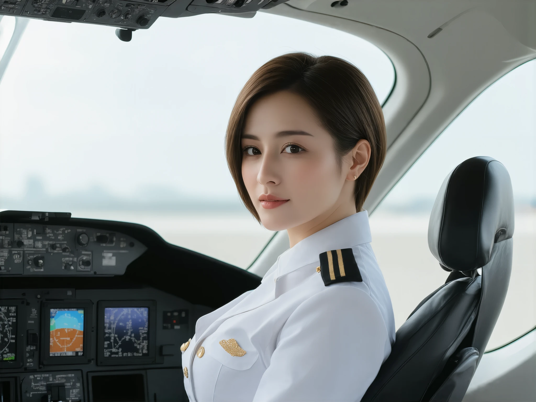 final fantasy style, kazuya takahashi's master piece, in the seat, beautiful, Alluring, masterpiece, top quality, , ,brown , short hair, (( big breasts, deep cleavage at the tip of the nipple)), actions, sexy long legs, ((full body shot)), JAL female pilot, japan airlines, sitting in cockpit