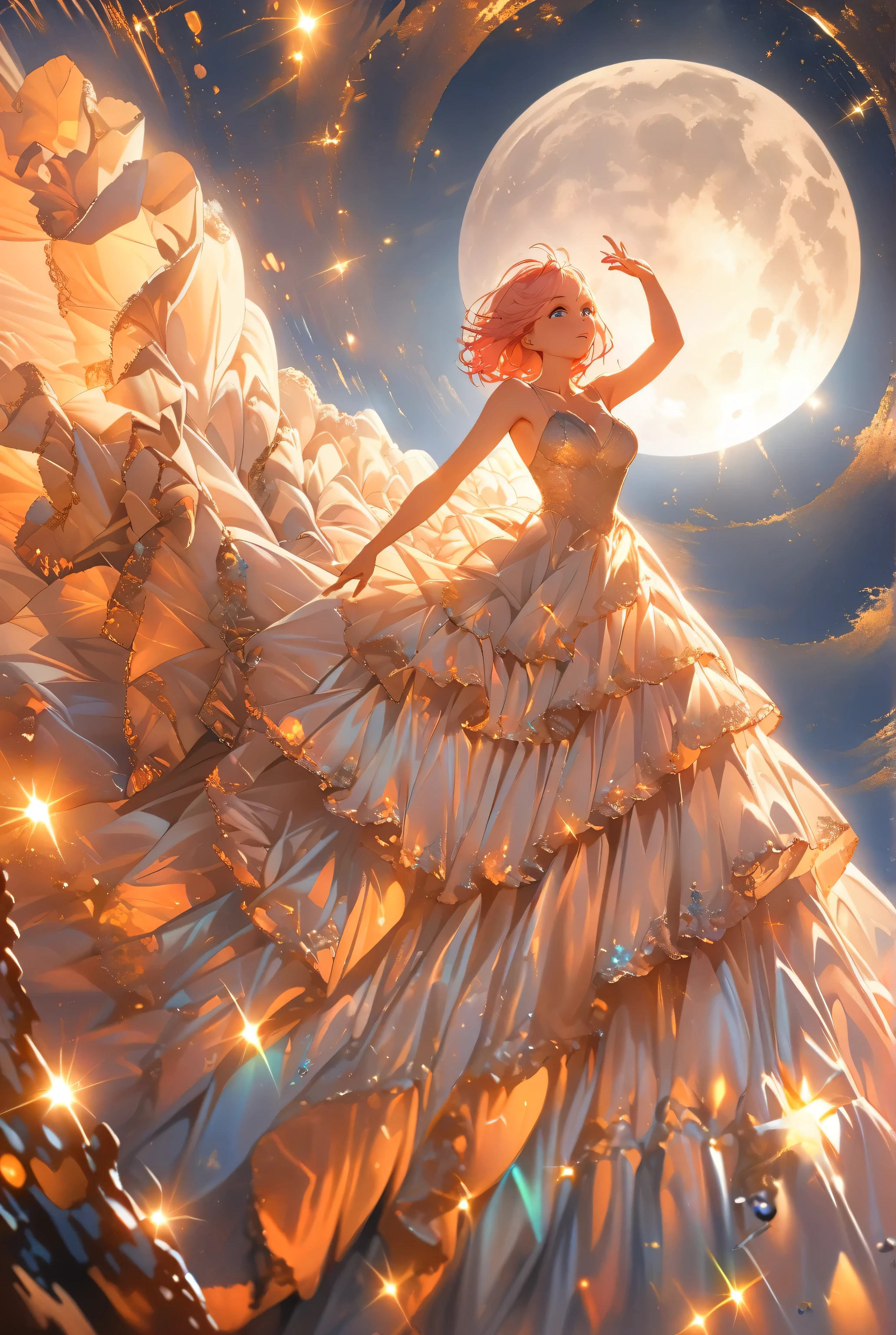 masterpiece,best quality,high resolution,super fine Illustration,
detailed background,detailed skin,detailed face,detailed eye,
BREAK
(full shot:1.4),(long shot:1.6),looking up,dancing,
BREAK
(solo:1.2),mature female,shiny skin,
(pink short hair,blue eyes),
white antique long dress,lace,layered,brilliant,
BREAK
(white glowing butterflies:1.2),(silver full moon:1.4),
clear water,starry night,brilliant view,