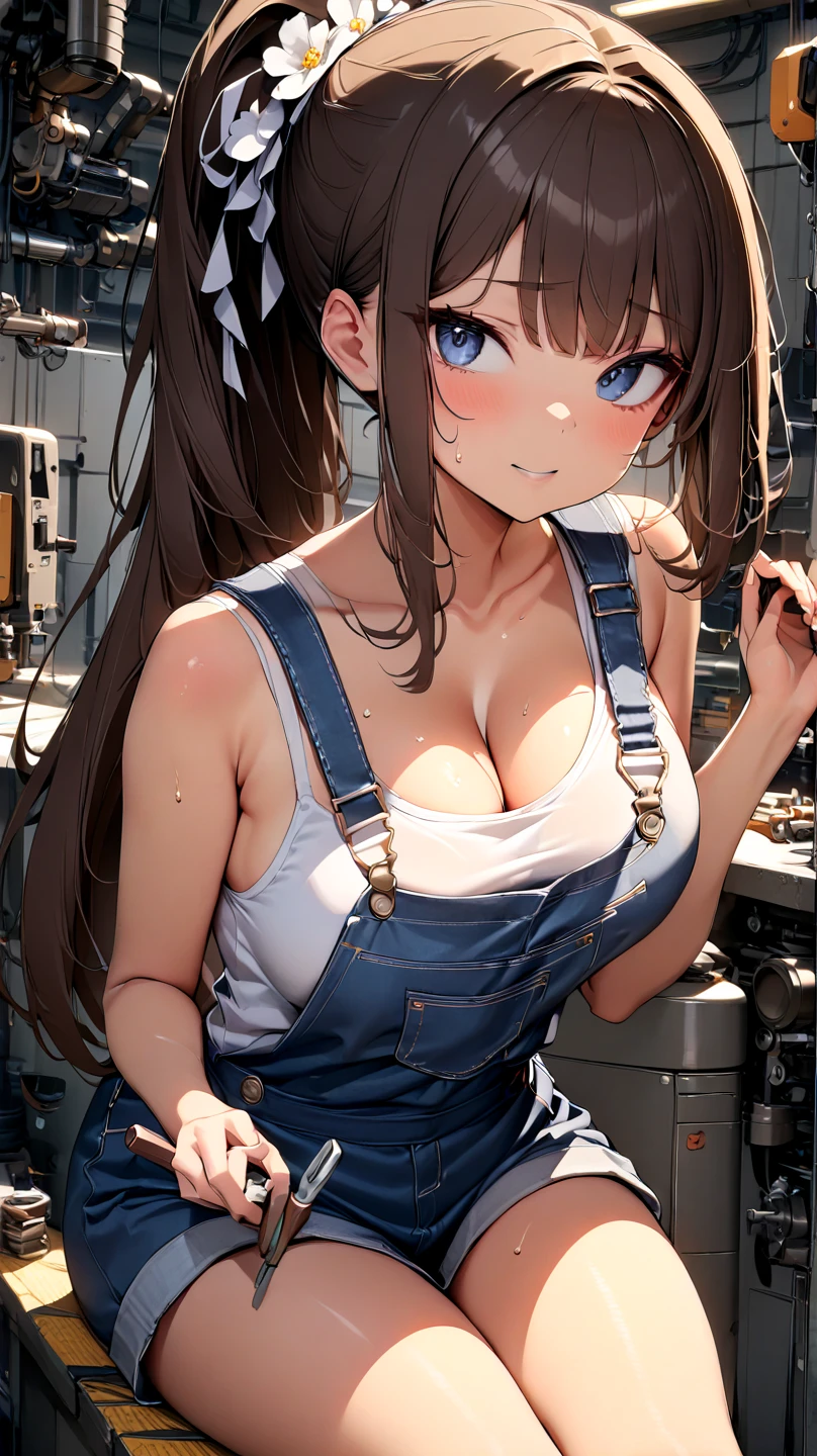 high-definition images, full color, atmospheric perspective, 8k, super detail, accurate, best quality, a woman, drooping eyes, blush, ecstasy face, (straddle to hit the panties on the pipe), in the factory, many machines, suit,