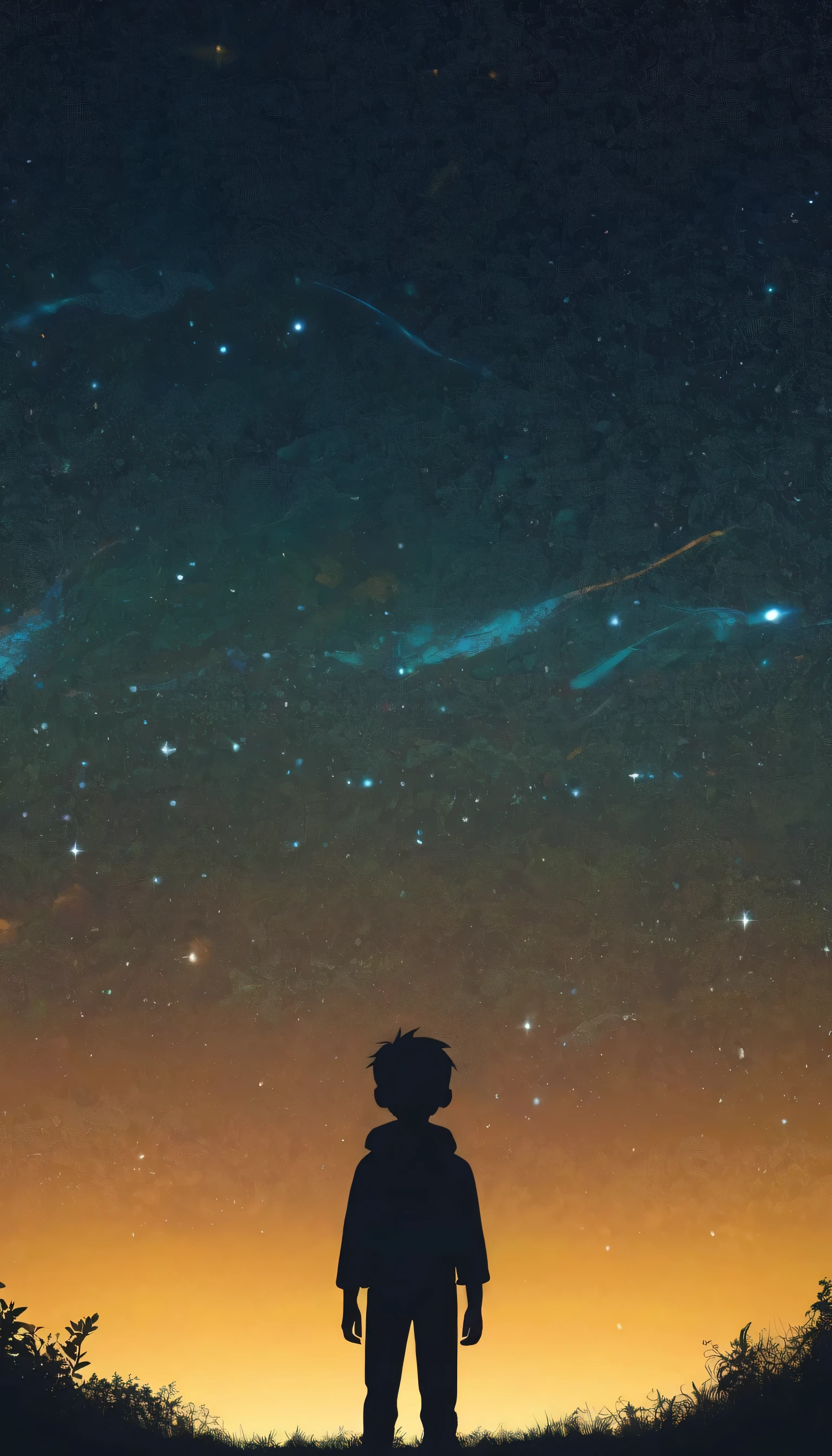 Draw a simple art in Tintinpixai style,minimalist a boy pequeño long exposure starry sky with many circular orbits, focus at stars,silhouette Anime beautiful peace scene, verano sun sunset nostalgic animated animated art background, Makoto Shinkai!!, anime movie background best of seaart hd 8k