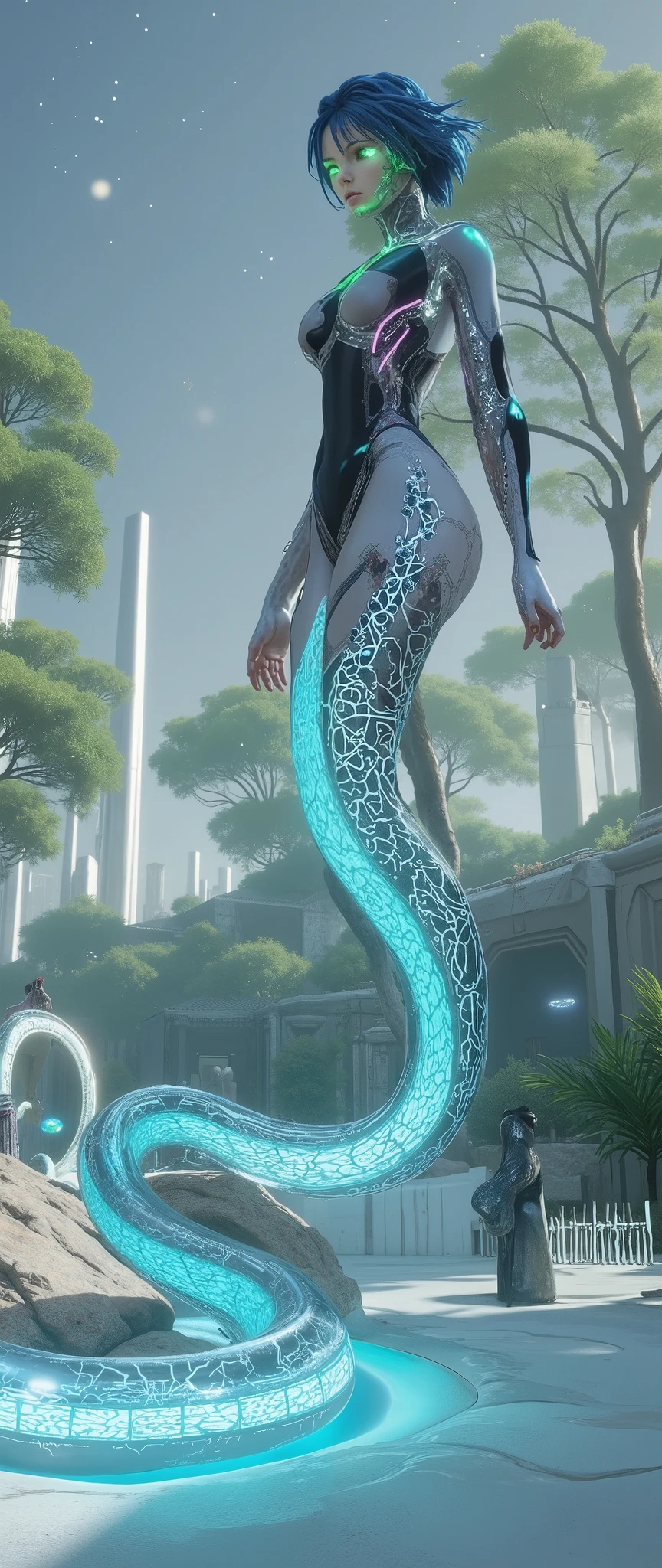 Snake Woman.a female character with a serpent-like lower body.Her upper body is human, but her lower body is serpent-like.Create an image of a futuristic snake woman who combines both the raw beauty of nature and the sleek precision of advanced technology. Her upper body, human in shape but otherworldly in presence, is clothed in a skin-tight suit made of semi-transparent material, faintly glowing with soft blues and purples. Her hair is a mass of digital tendrils, resembling flowing wires that constantly shift in color and form, mirroring the landscape around her. Her eyes are luminous, emitting a soft but powerful green glow, with irises that shift like dynamic data streams, capturing attention with their intensity. Her lower body is a magnificent serpent, the scales a seamless blend of organic and synthetic materials. The top half of the serpent’s tail is embedded with sleek metallic plating, its edges sharp and glimmering like polished chrome, while the rest of the tail transitions into intricately patterned, glowing scales that pulse with faint, neon-like lights. The serpent’s movements are fluid and hypnotic, its tail winding gracefully through the air, leaving a trail of light in its wake, almost like a stream of liquid energy. She stands in a high-tech, alien forest, a place where nature and technology are fused together. Towering, crystalline trees grow in shimmering, geometric formations, their trunks lined with panels that glow with soft bioluminescence, while the foliage above shifts like digital projections. Above, holographic stars flicker in the sky, while distant flying machines hover in the air, their lights cutting through the fog of the forest. Floating platforms hover nearby, pulsing with energy, as if charged by the snake woman’s presence, while intricate digital symbols dance in the air, leaving trails of light as they follow her movements. The atmosphere is one of quiet power and unsettling beauty.