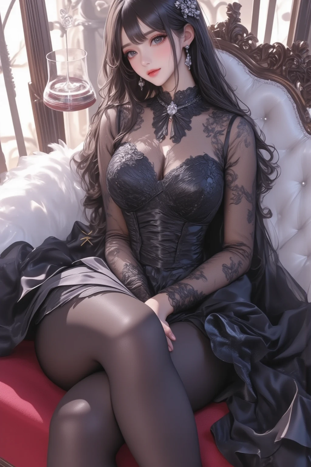 "Generate a close-up image of a woman with smooth ebony skin, exuding natural radiance. Her almond-shaped eyes are a rich shade of chestnut brown, reflecting warmth and depth. Zoom in on her long, straight, obsidian hair, showcasing its natural shine and elegance. She is dressed in a sleek all-black ensemble, consisting of a knee-length black dress that accentuates her graceful figure. The dress features subtle metallic details that glisten in the light. The setting is a lush garden by the lakeside, bathed in the soft glow of moonlight. The night's luminance enhances her beauty with an enchanting touch, capturing her as the embodiment of grace and allure. Create an image that highlights every facet of this woman, with special attention to her captivating eyes, flawless complexion, and the intricate details of her stylish attire. Ensure she strikes a poised and graceful pose, radiating confidence and allure.